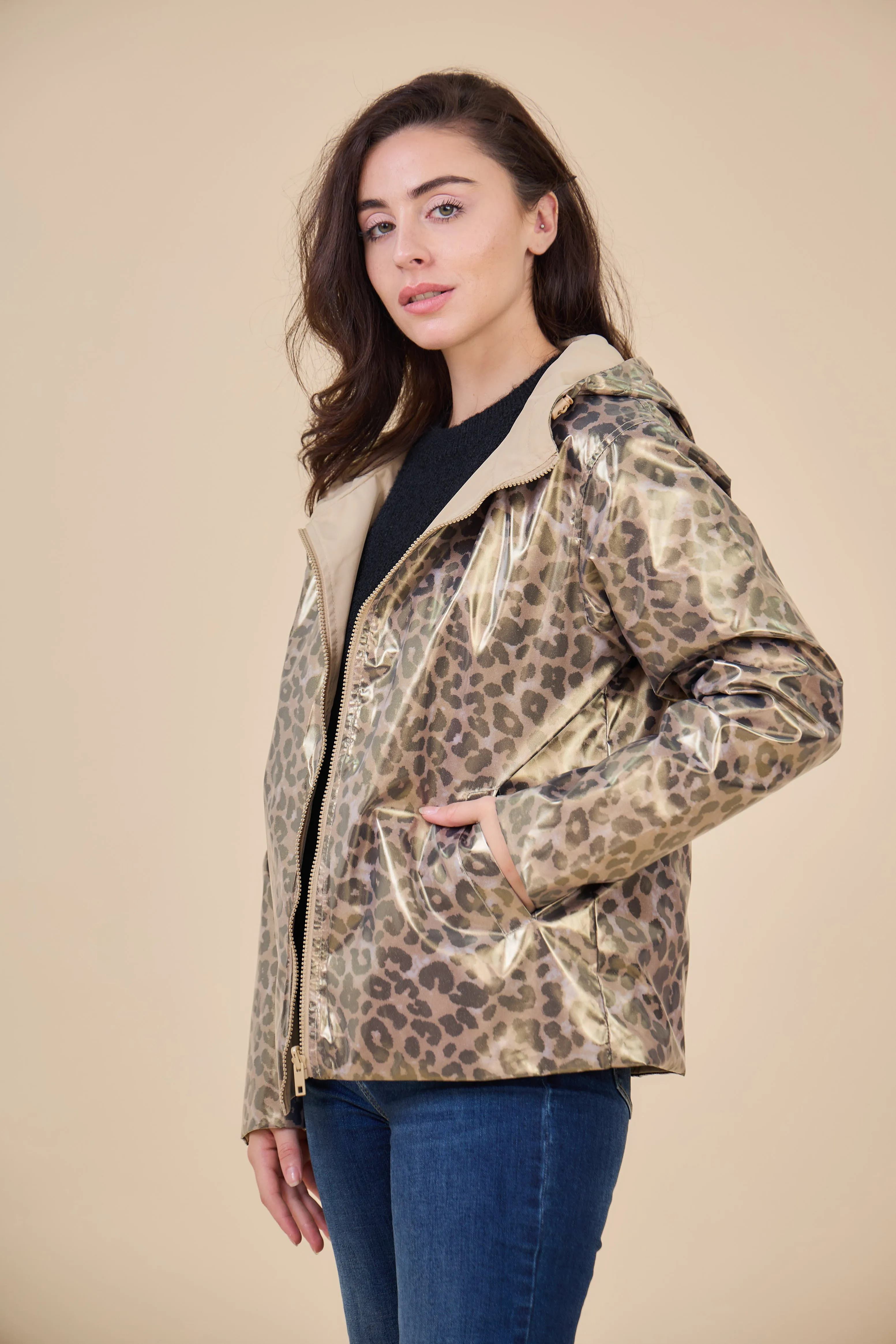 PEARL- Parka Courte  imperméable Réversible léopard métallisé