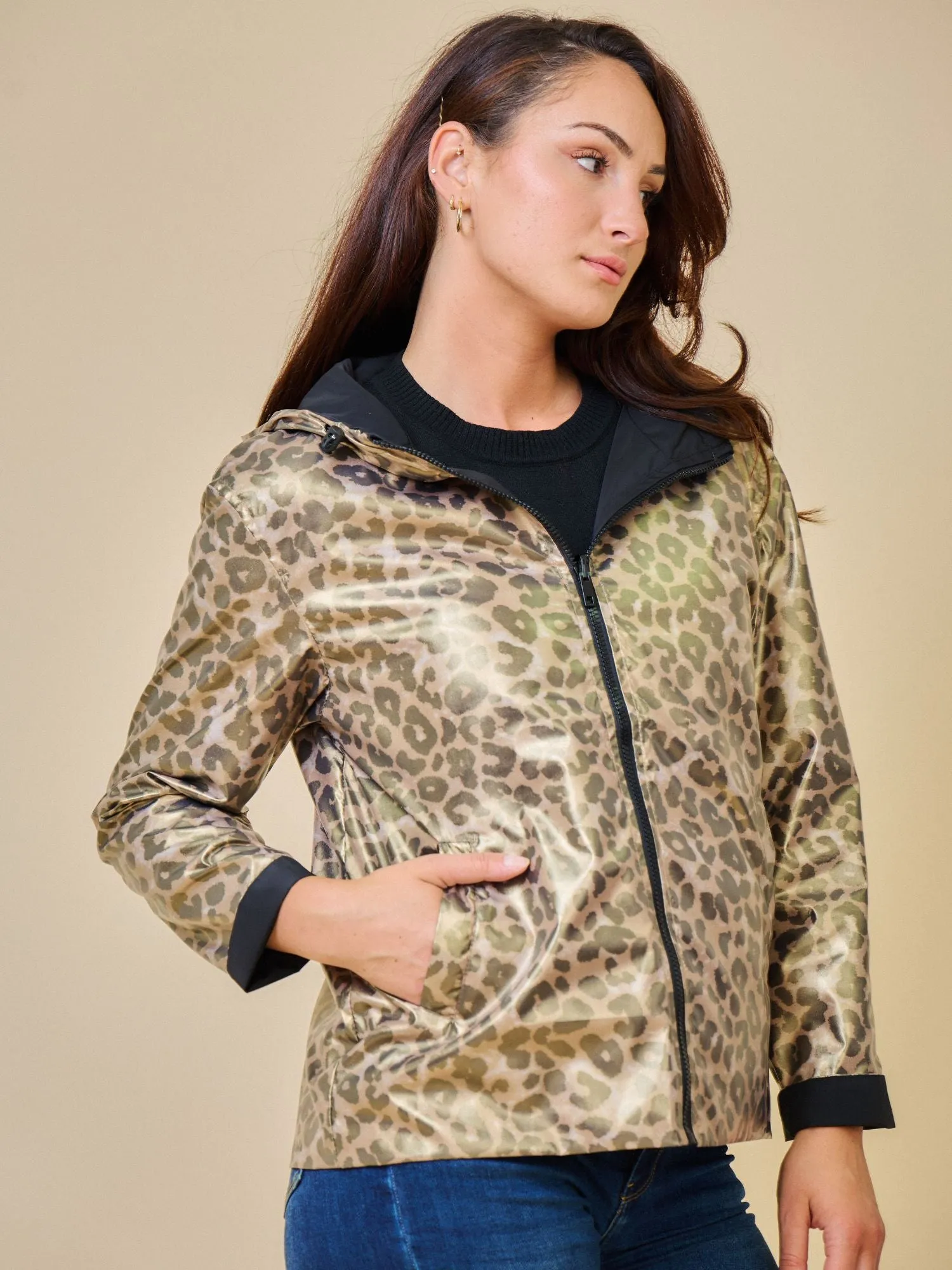 PEARL- Parka Courte  imperméable Réversible léopard métallisé