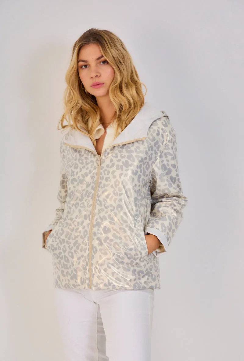 PEARL- Parka Courte  imperméable Réversible léopard métallisé
