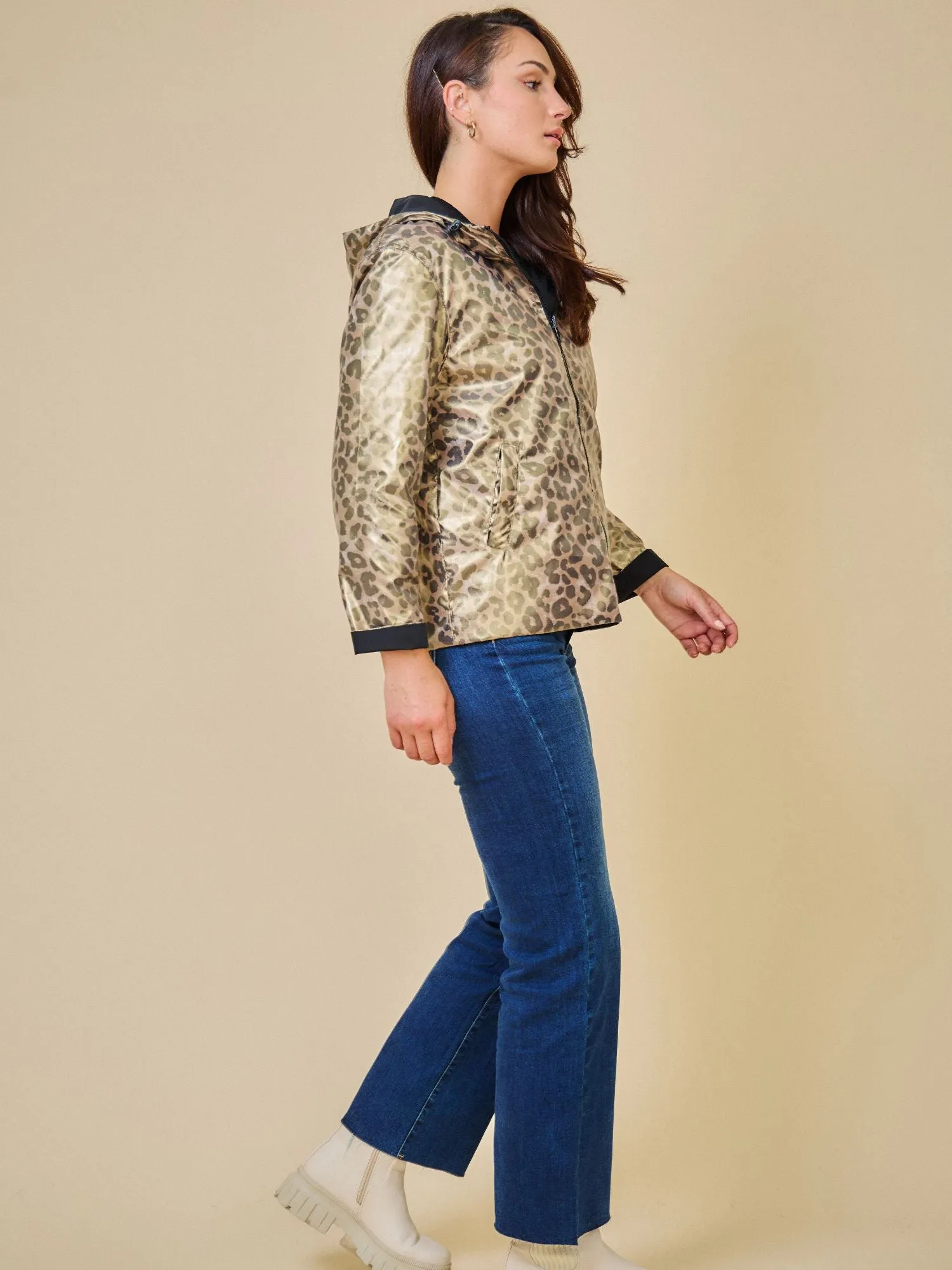 PEARL- Parka Courte  imperméable Réversible léopard métallisé