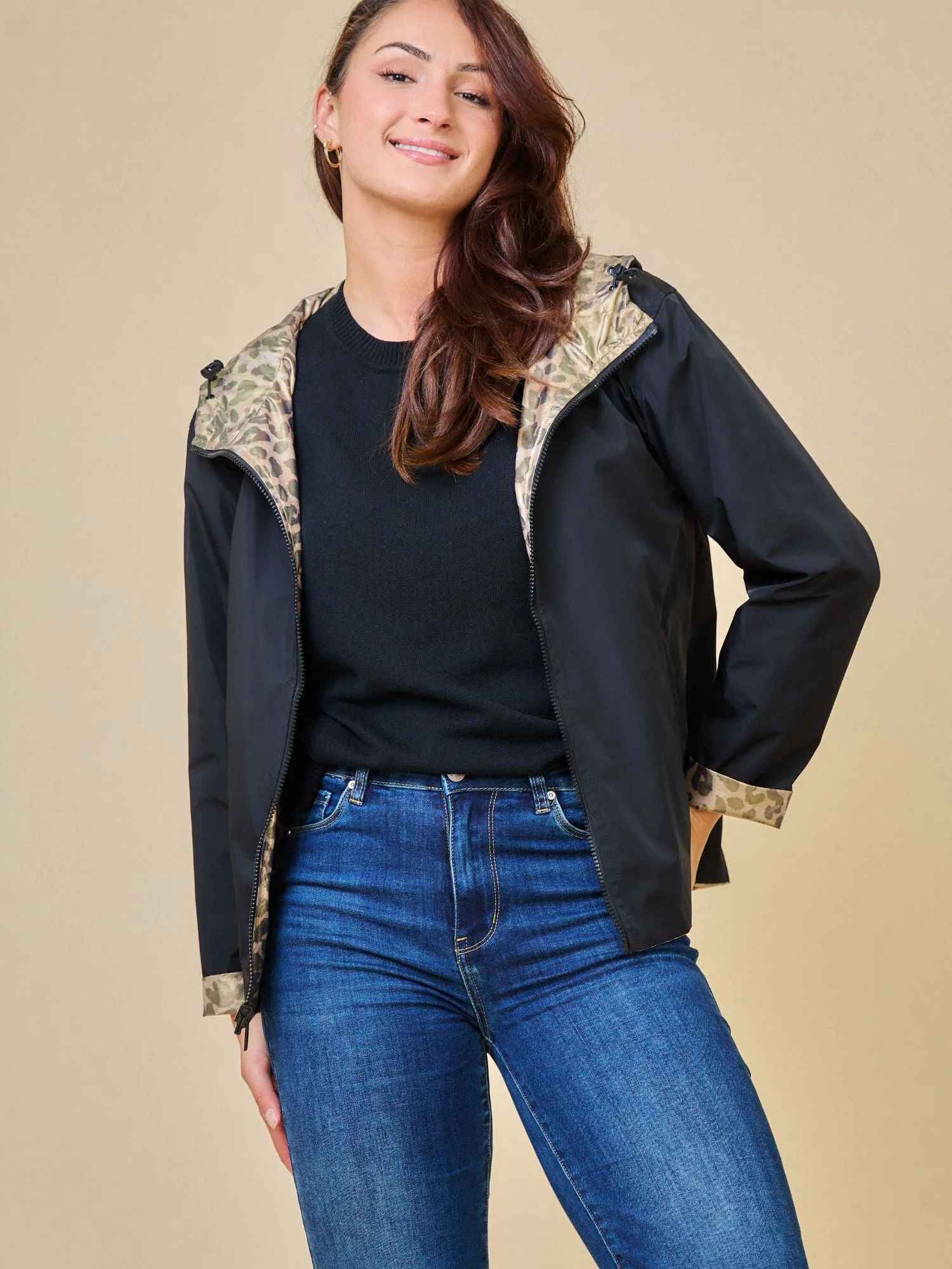 PEARL- Parka Courte  imperméable Réversible léopard métallisé