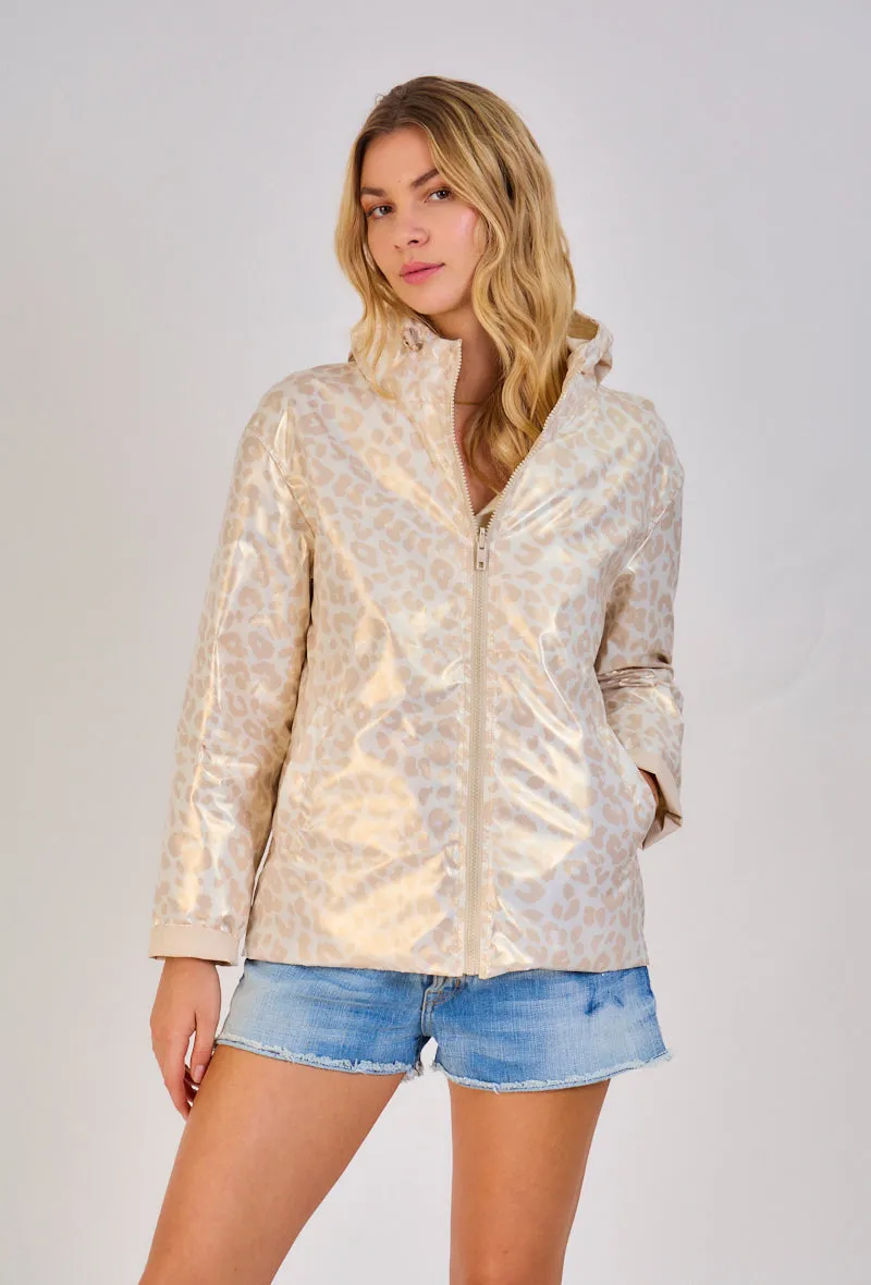 PEARL- Parka Courte  imperméable Réversible léopard métallisé