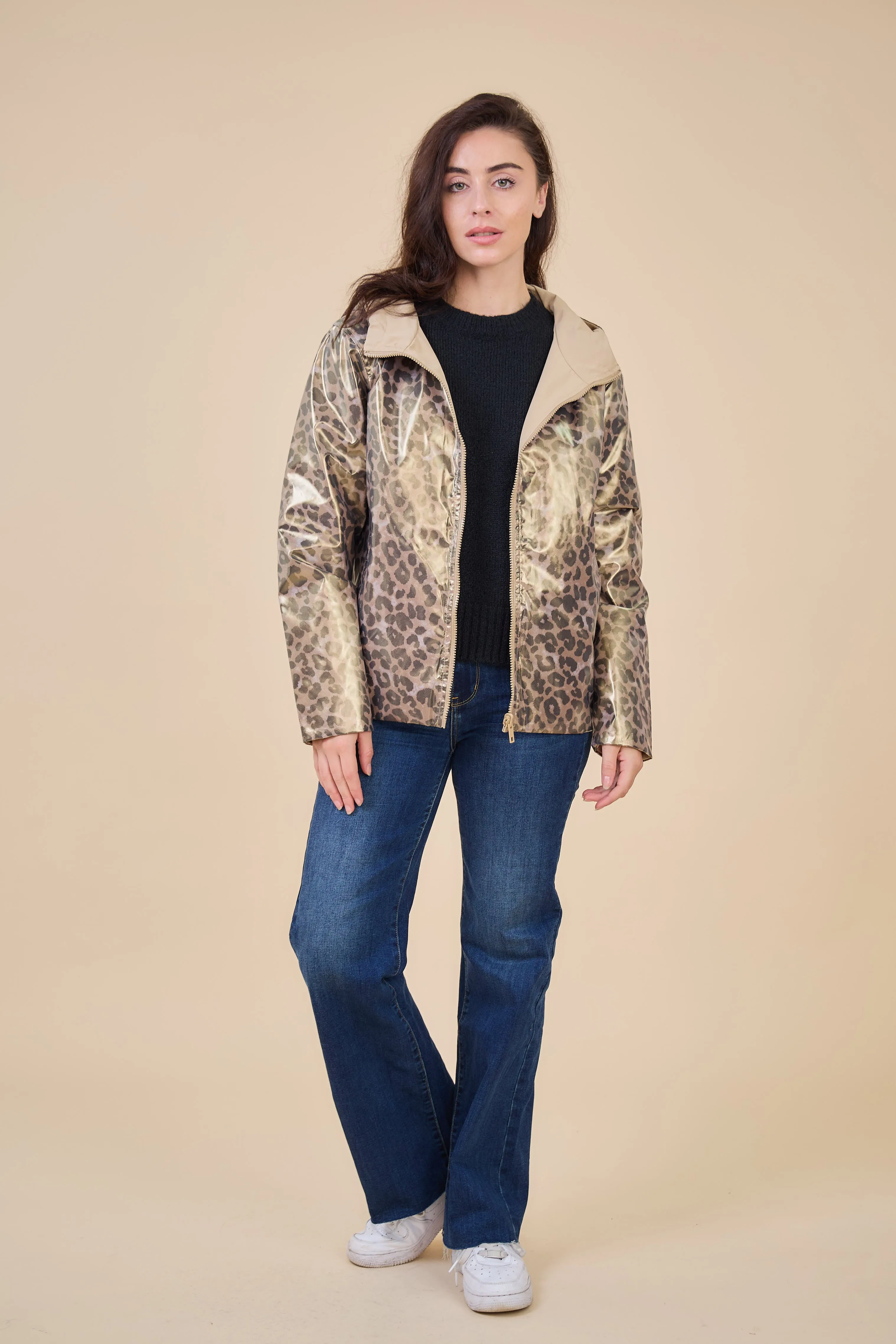 PEARL- Parka Courte  imperméable Réversible léopard métallisé