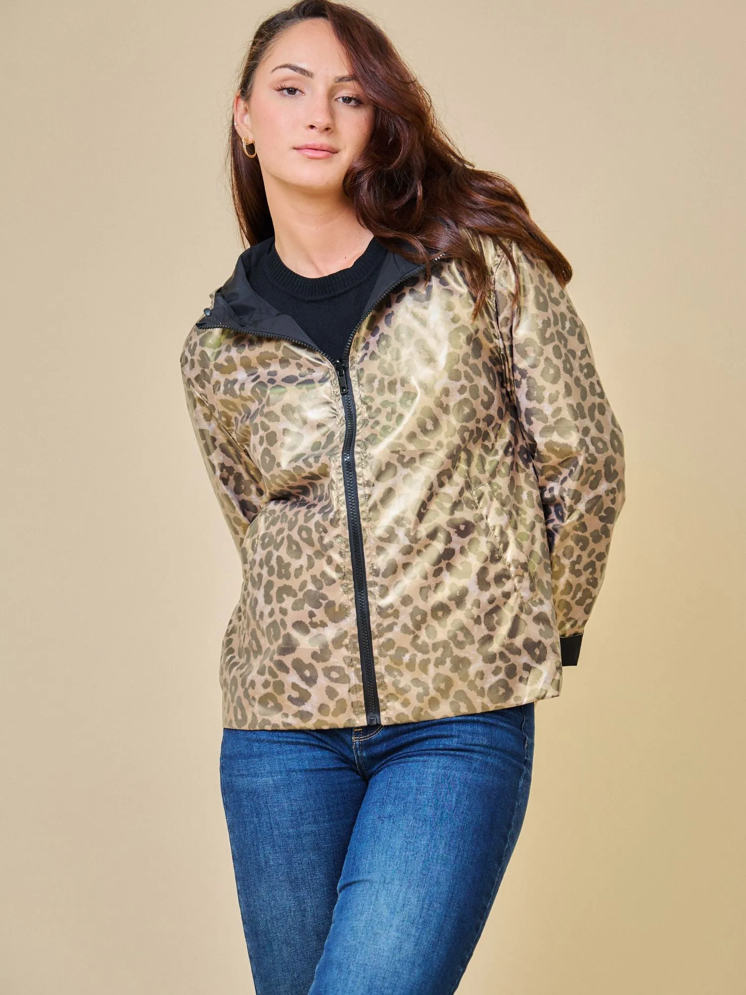 PEARL- Parka Courte  imperméable Réversible léopard métallisé