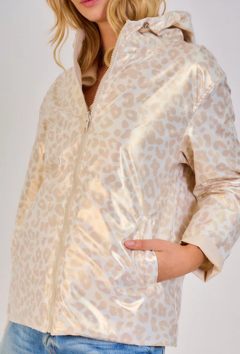 PEARL- Parka Courte  imperméable Réversible léopard métallisé