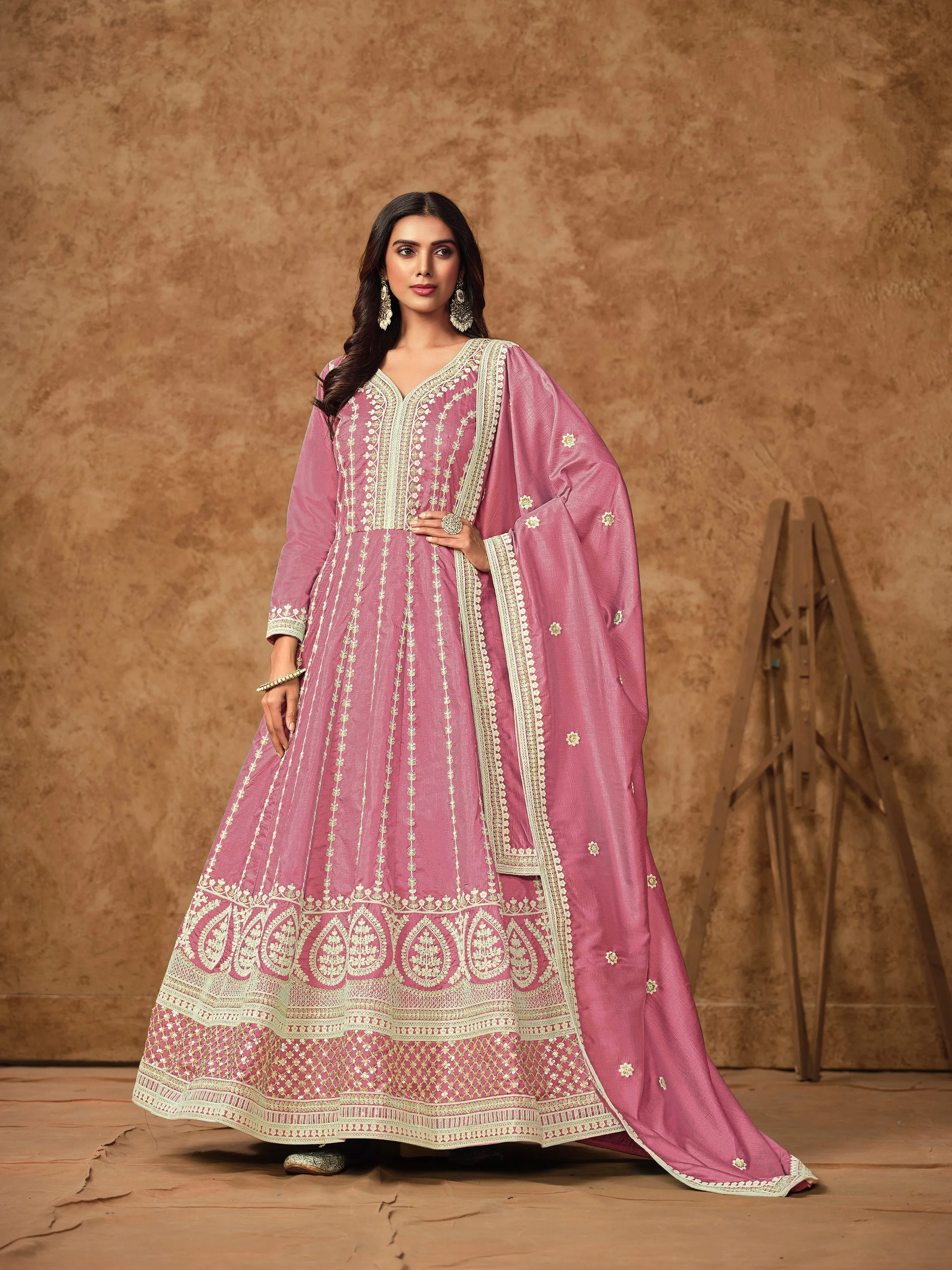 Pink Colour Pure Soft Dolla Silk Long Floor Length Embroidered Work Readymade Gown