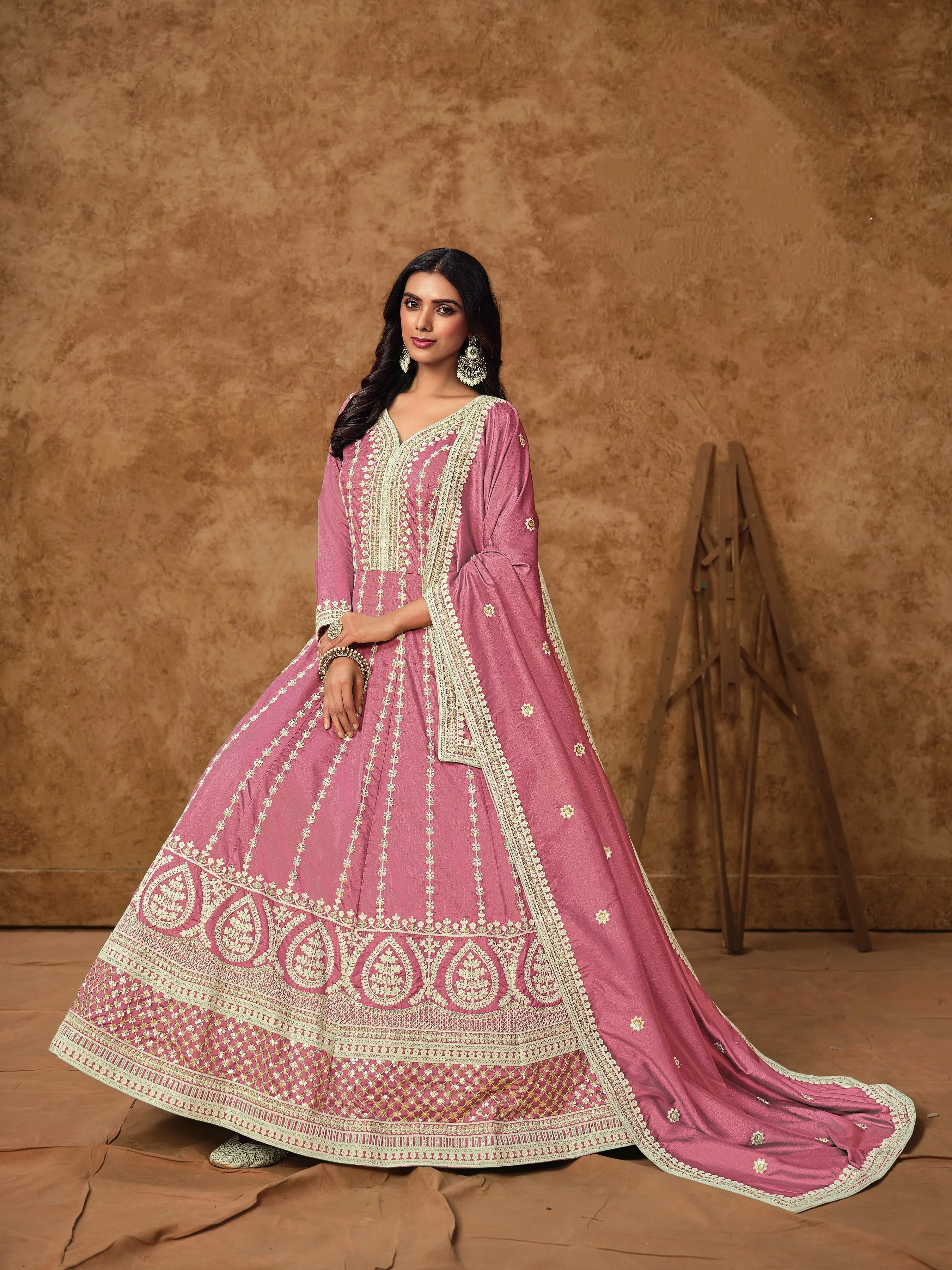 Pink Colour Pure Soft Dolla Silk Long Floor Length Embroidered Work Readymade Gown