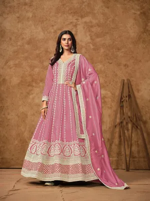 Pink Colour Pure Soft Dolla Silk Long Floor Length Embroidered Work Readymade Gown