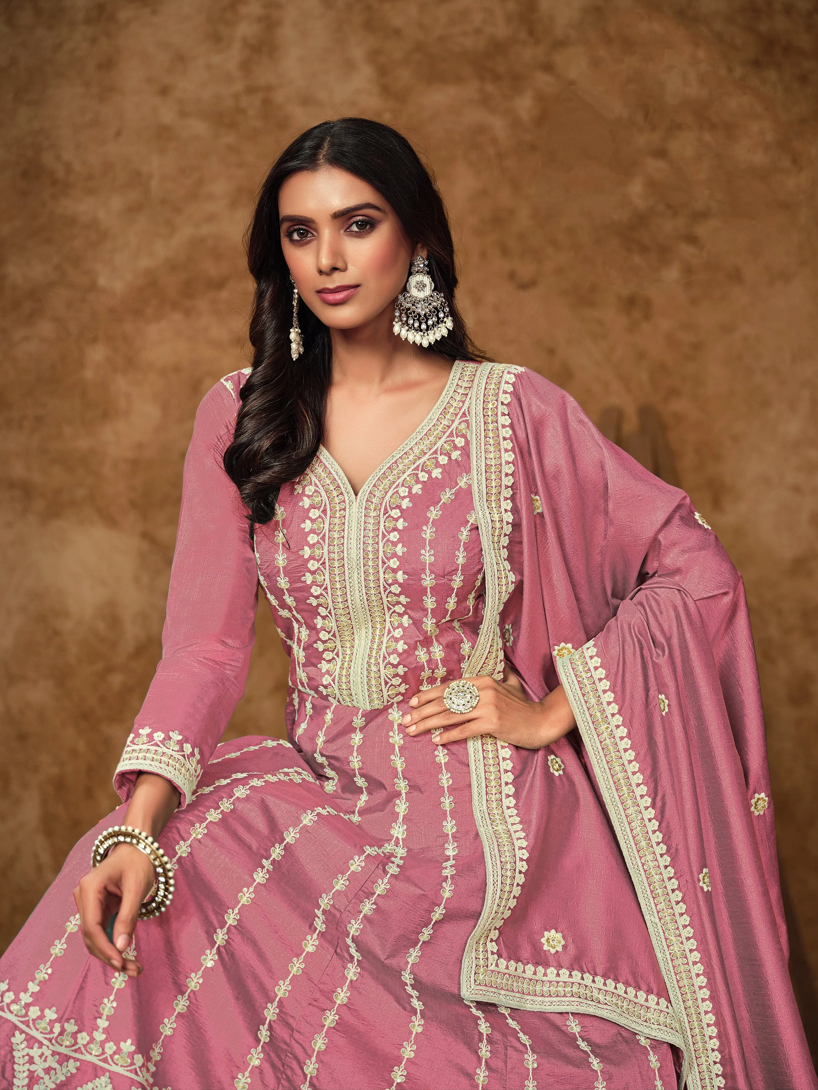 Pink Colour Pure Soft Dolla Silk Long Floor Length Embroidered Work Readymade Gown