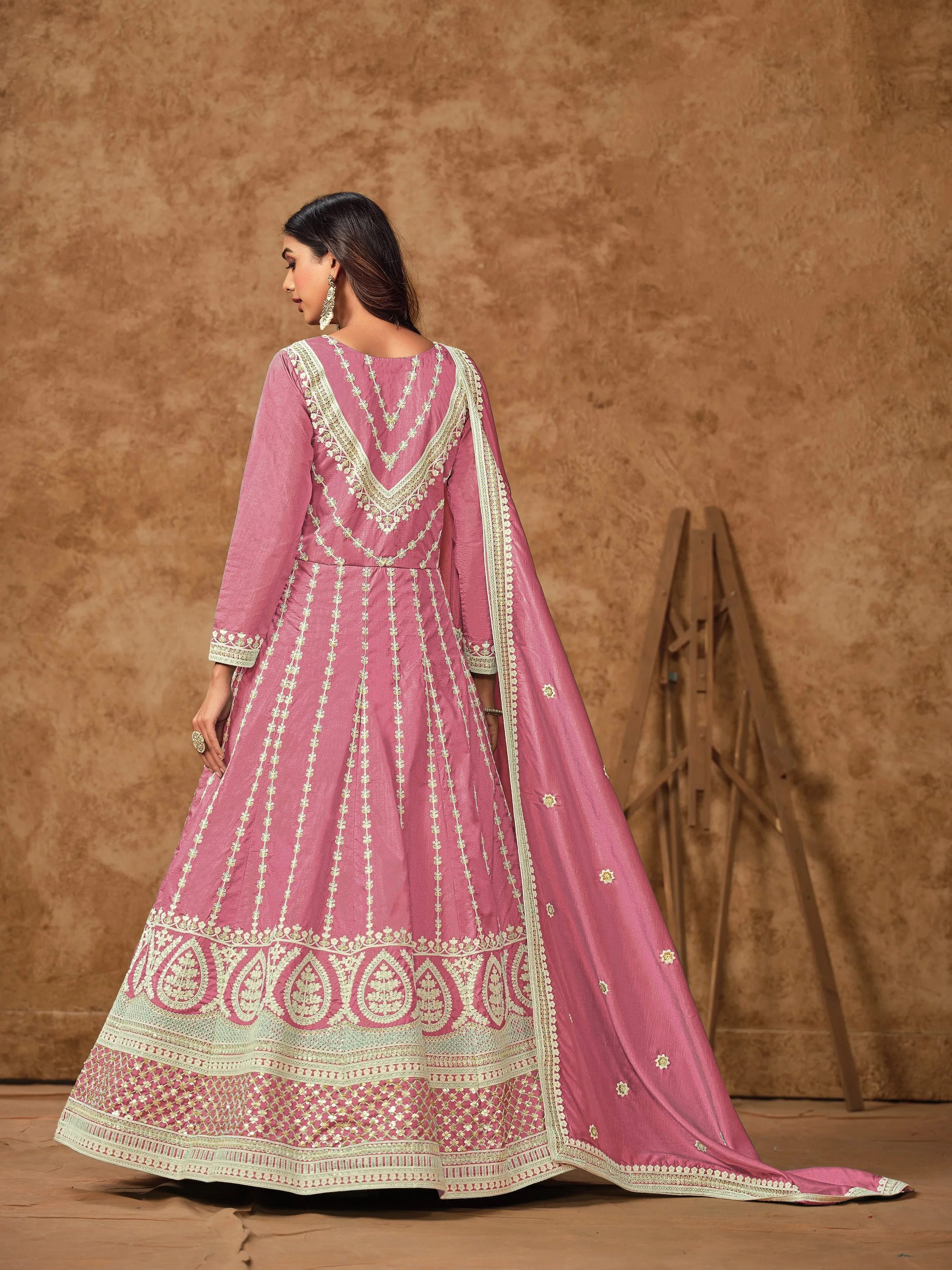 Pink Colour Pure Soft Dolla Silk Long Floor Length Embroidered Work Readymade Gown