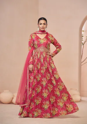 Pink Floral Handwork Anarkali Suit with Net Dupatta