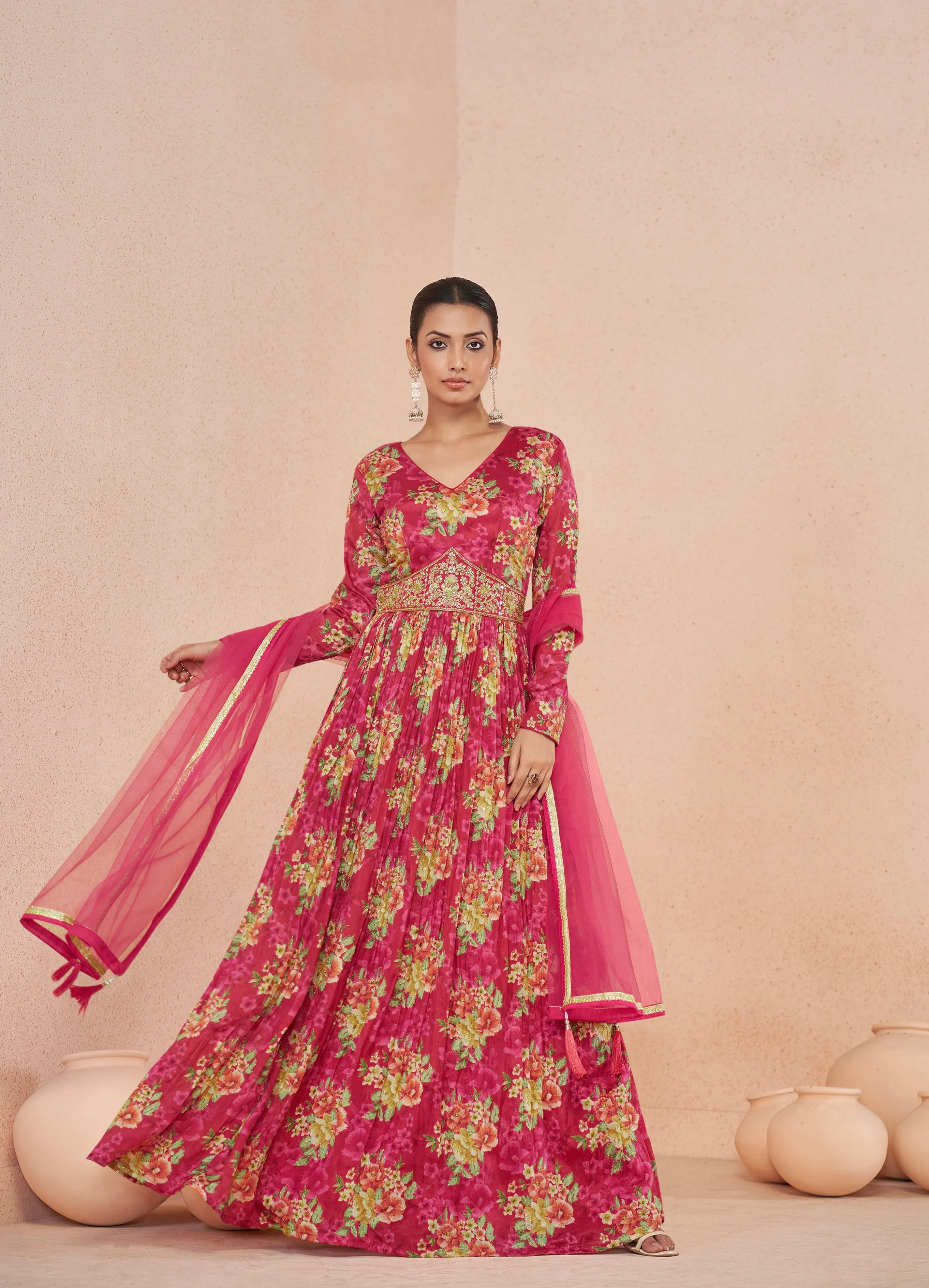 Pink Floral Handwork Anarkali Suit with Net Dupatta