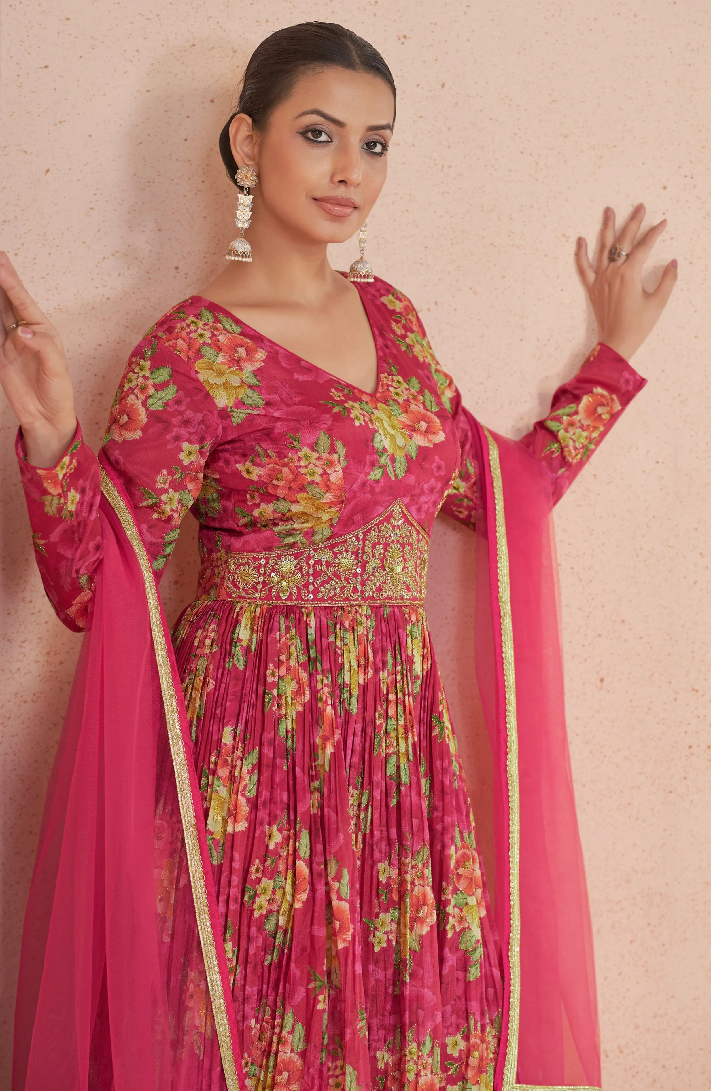 Pink Floral Handwork Anarkali Suit with Net Dupatta