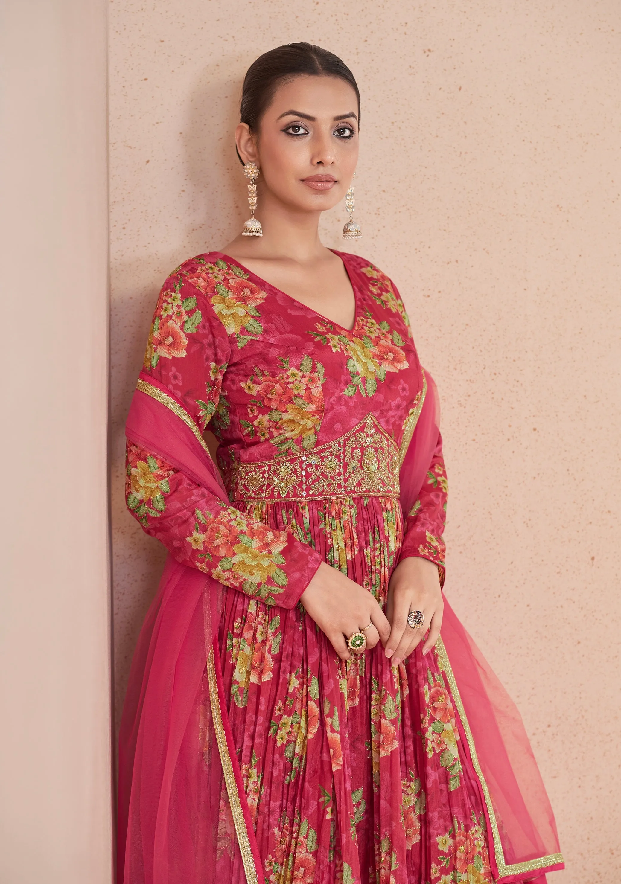 Pink Floral Handwork Anarkali Suit with Net Dupatta
