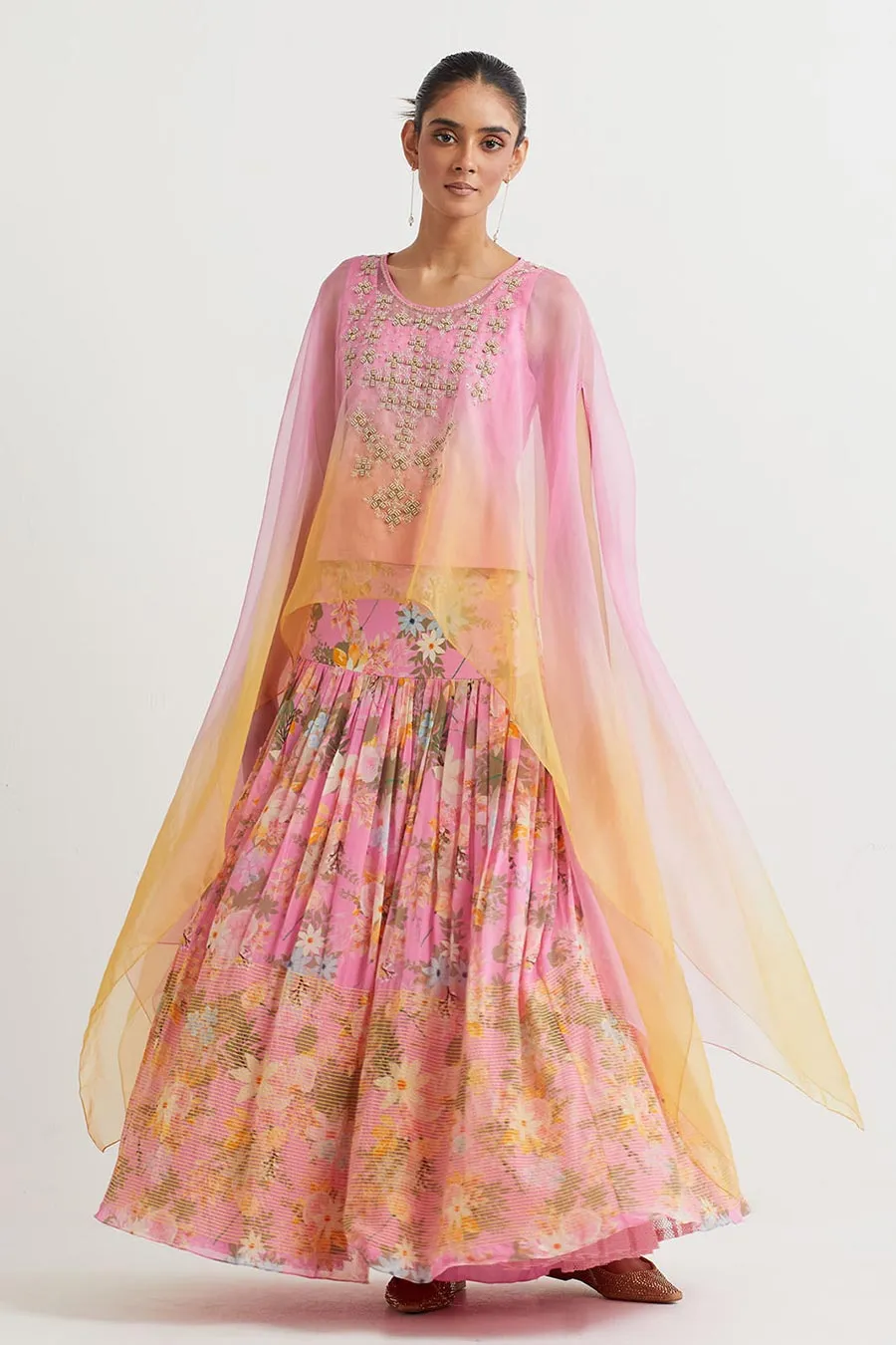 Pink Ombre Embroidered Cape & Printed Skirt Set