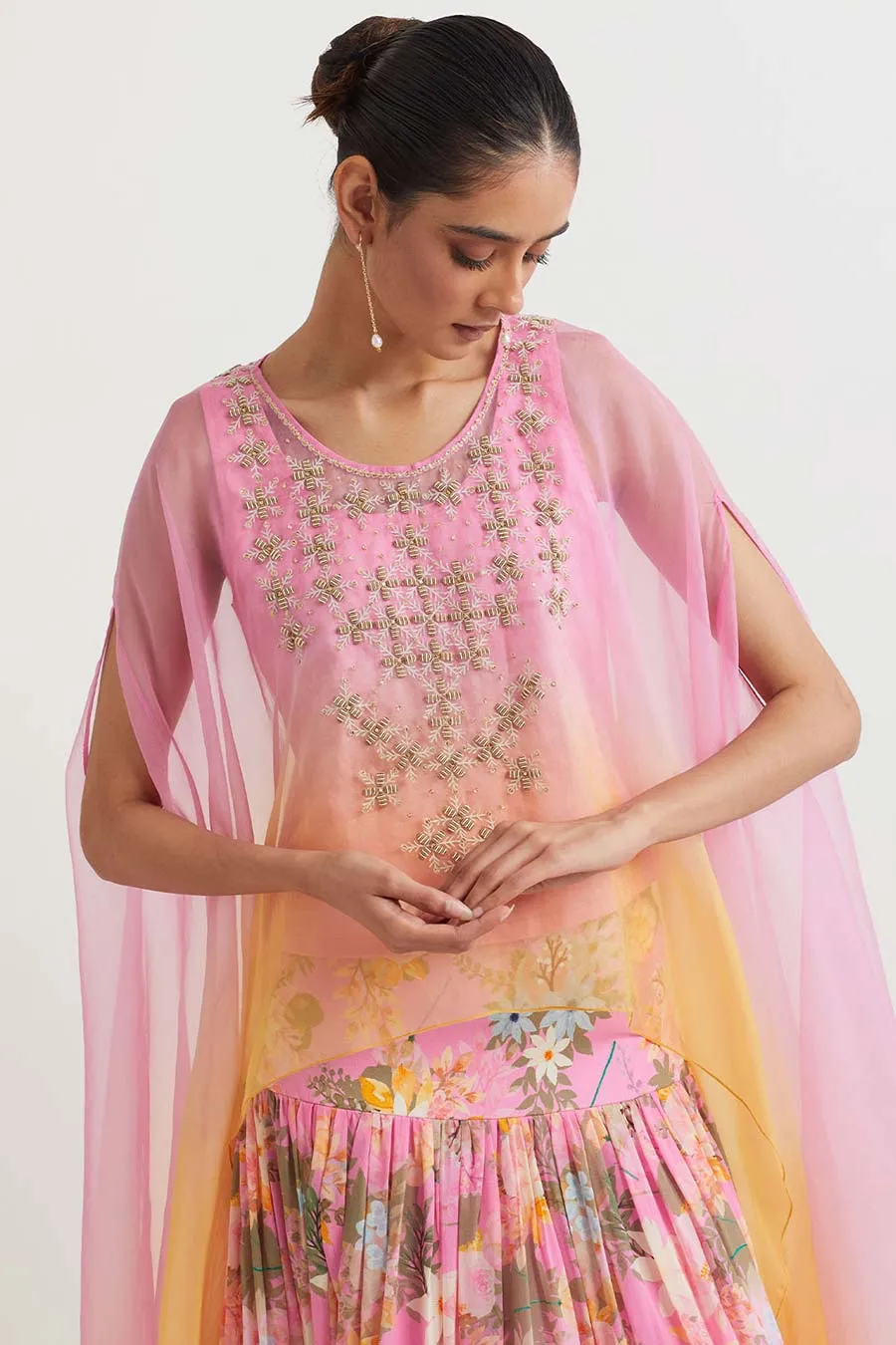 Pink Ombre Embroidered Cape & Printed Skirt Set
