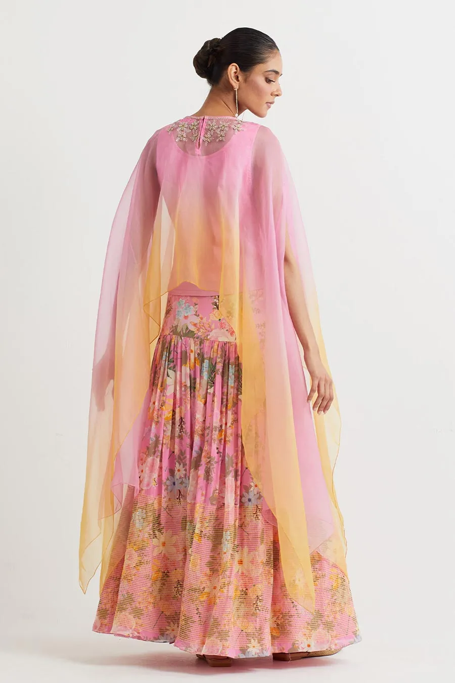 Pink Ombre Embroidered Cape & Printed Skirt Set