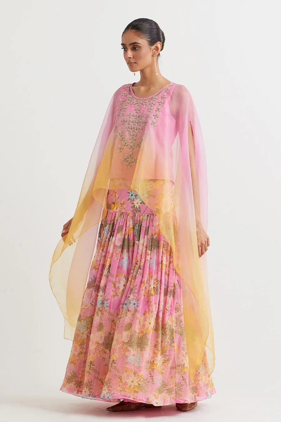 Pink Ombre Embroidered Cape & Printed Skirt Set