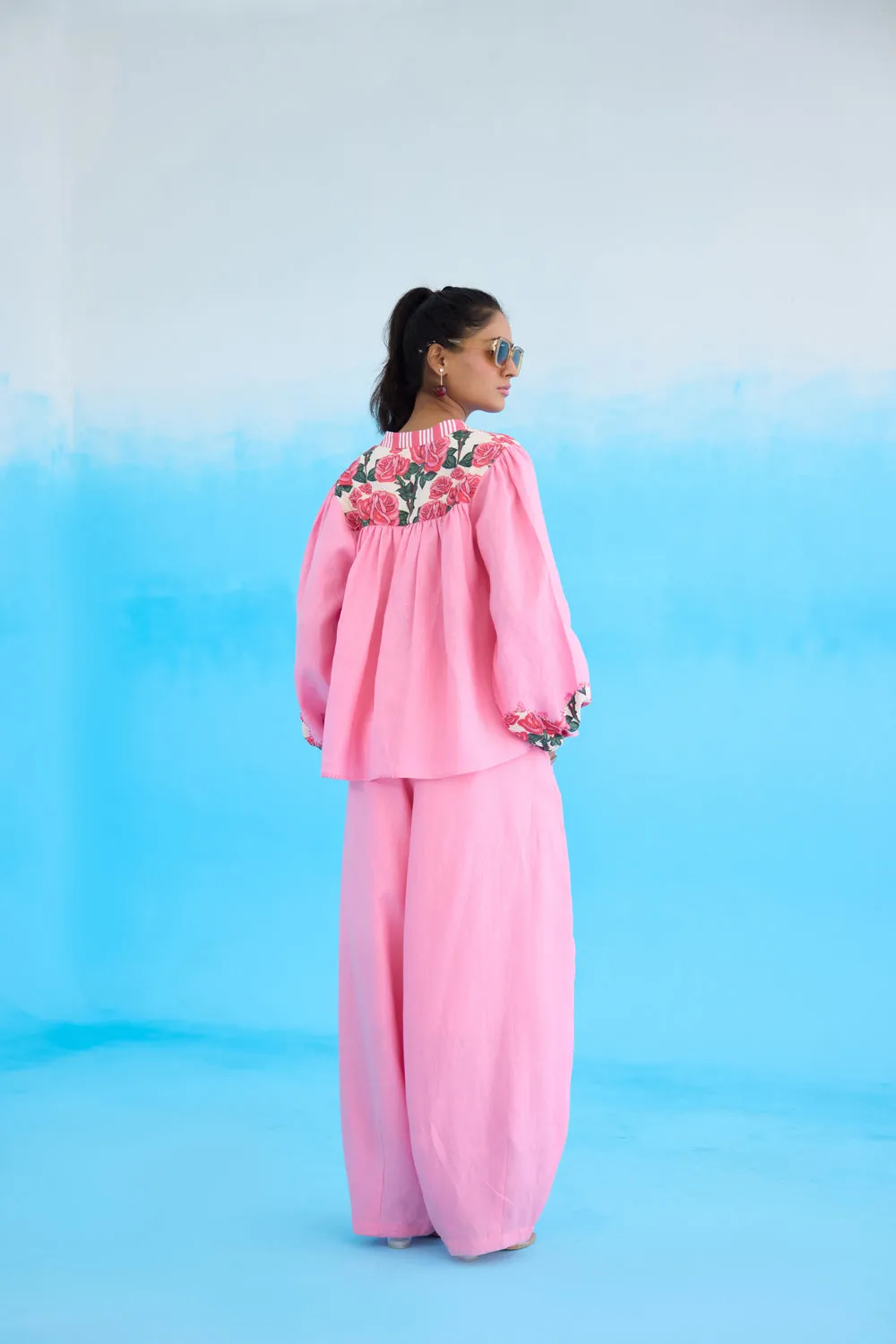 Pink Rose Bubble Sleeves Top