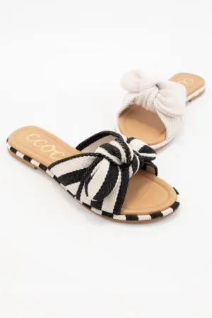 RACHAEL STRIPE PATTERN LINEN KNOTTED BOW SLIDE