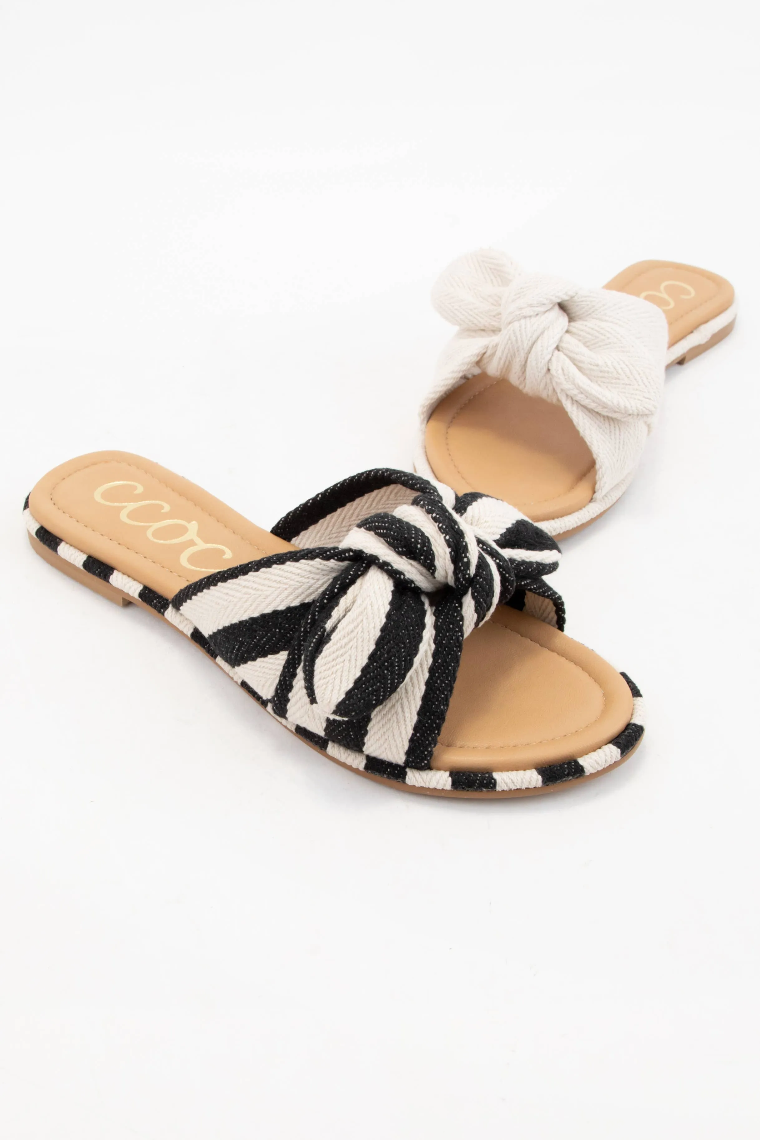RACHAEL STRIPE PATTERN LINEN KNOTTED BOW SLIDE