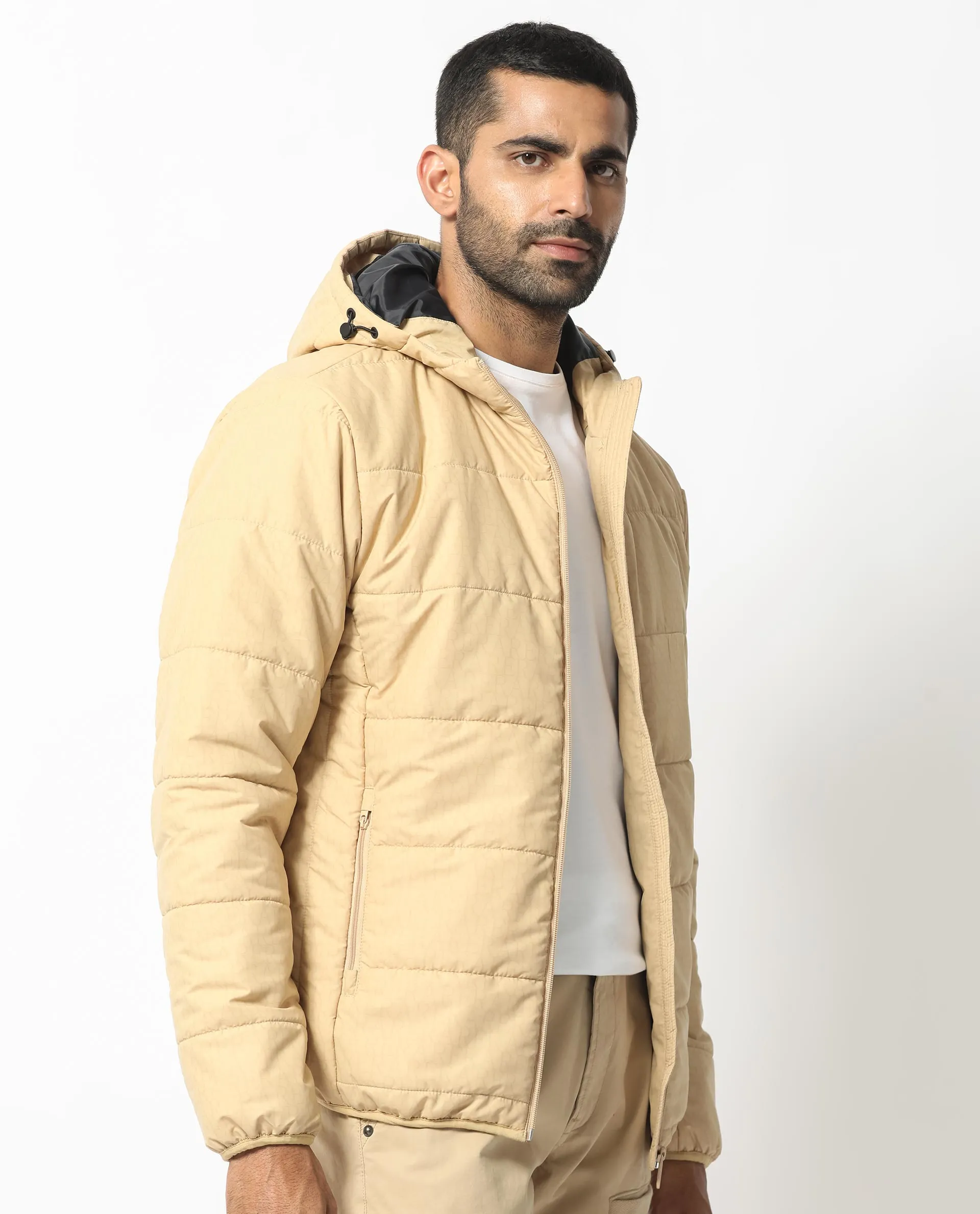 Rare Rabbit Men's Vasto Beige Branded And Hooded Puffer Jacket
