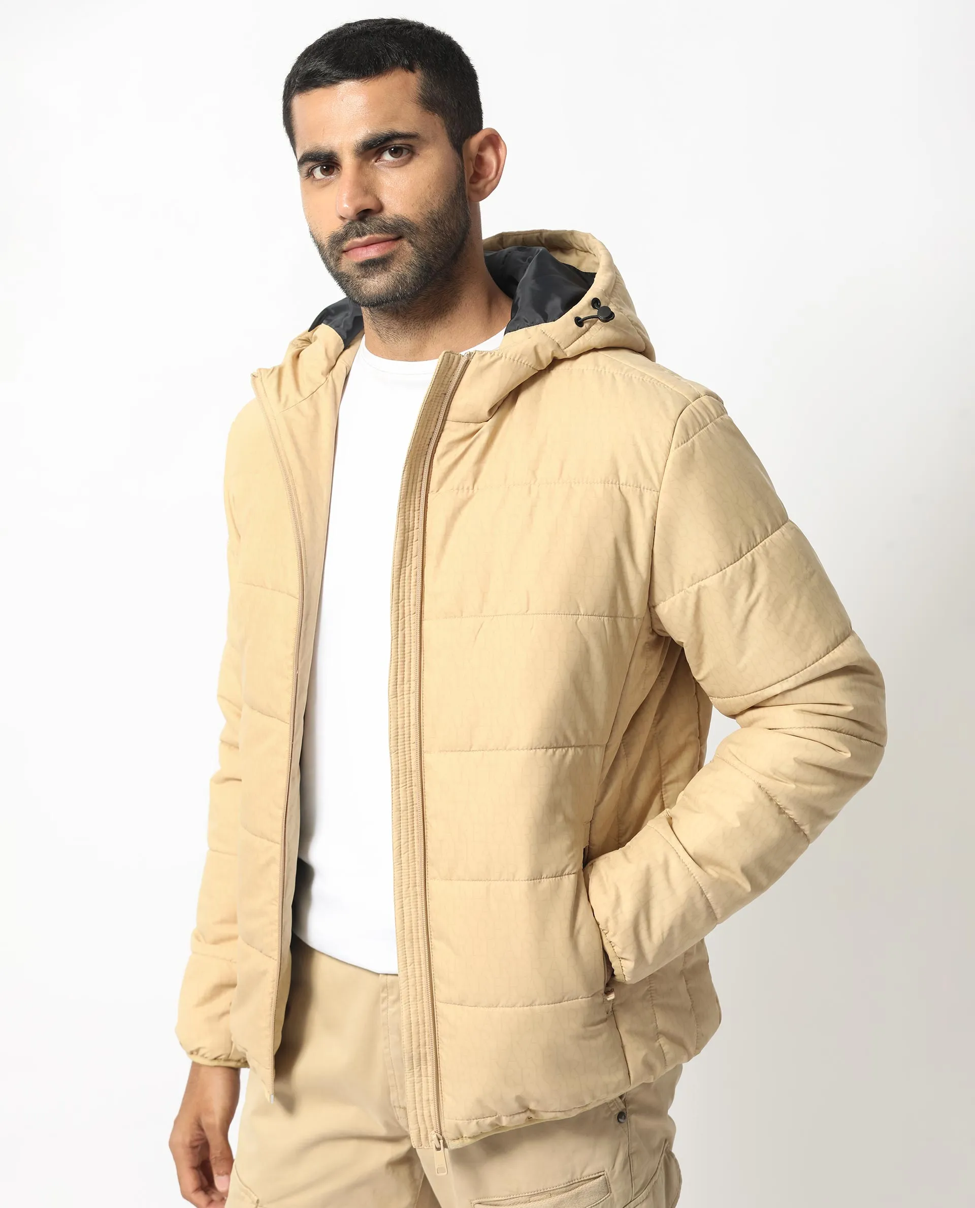 Rare Rabbit Men's Vasto Beige Branded And Hooded Puffer Jacket