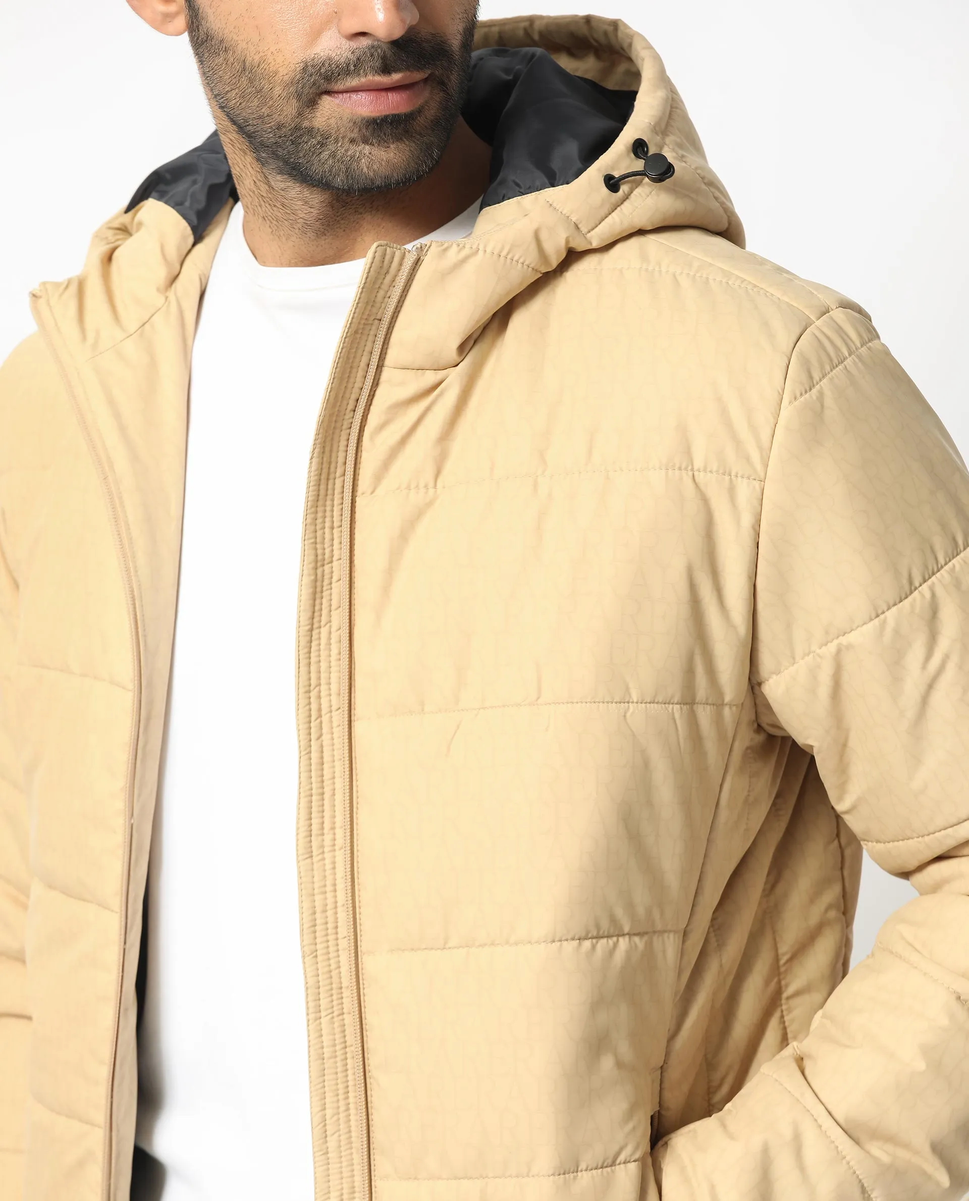 Rare Rabbit Men's Vasto Beige Branded And Hooded Puffer Jacket