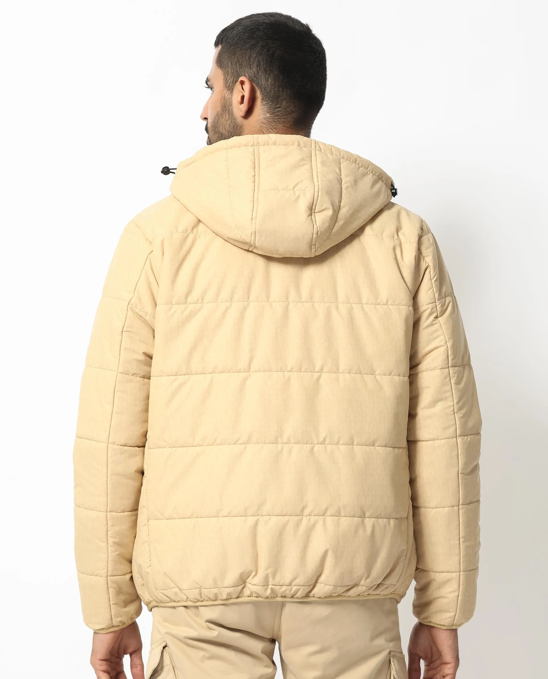Rare Rabbit Men's Vasto Beige Branded And Hooded Puffer Jacket