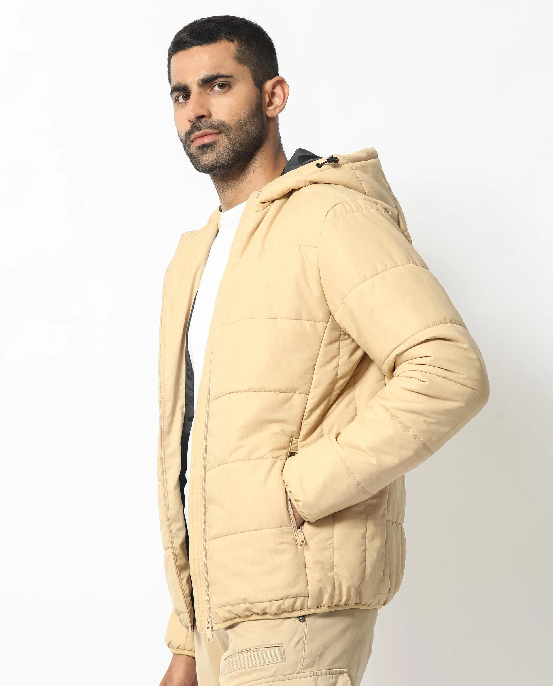 Rare Rabbit Men's Vasto Beige Branded And Hooded Puffer Jacket