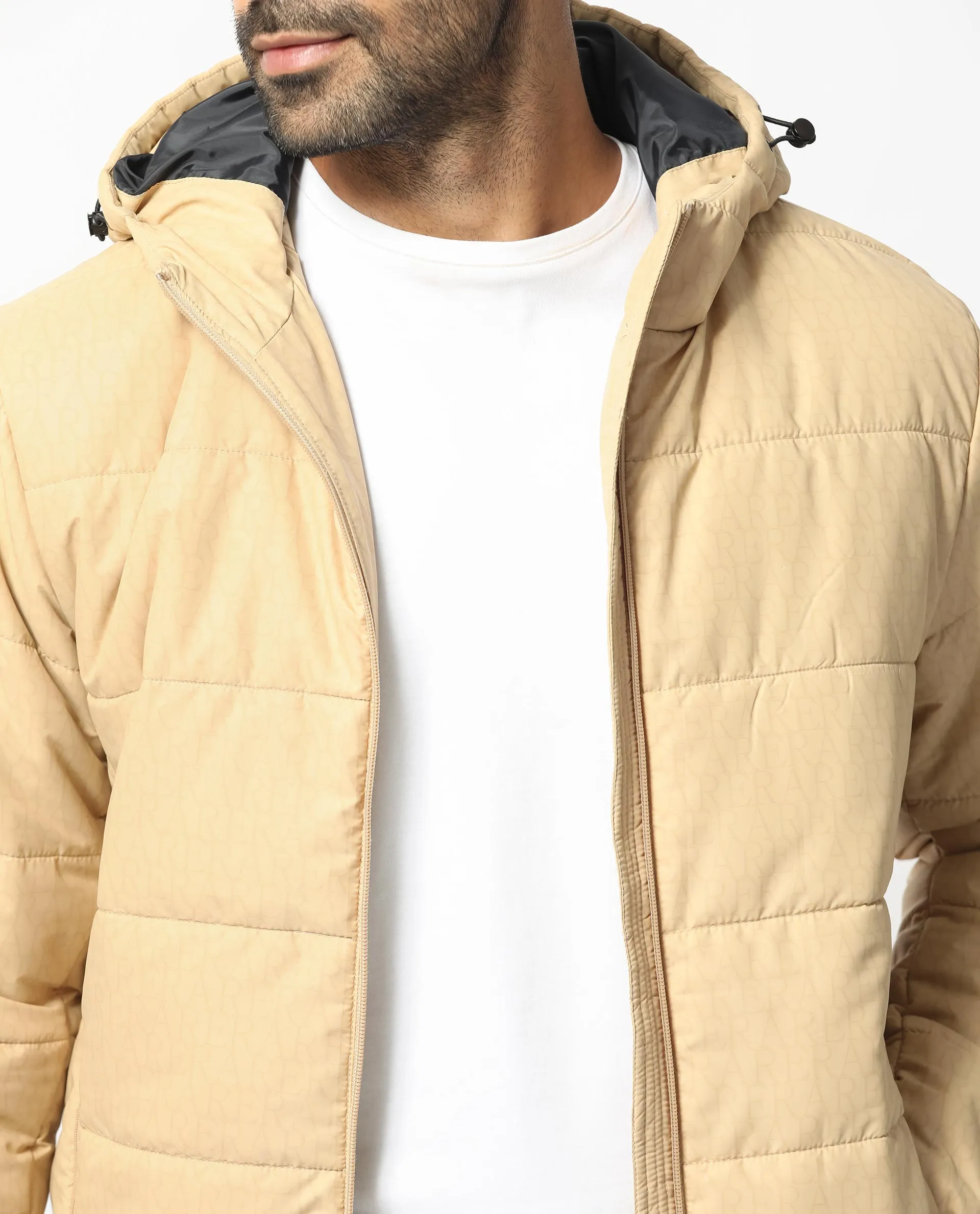 Rare Rabbit Men's Vasto Beige Branded And Hooded Puffer Jacket