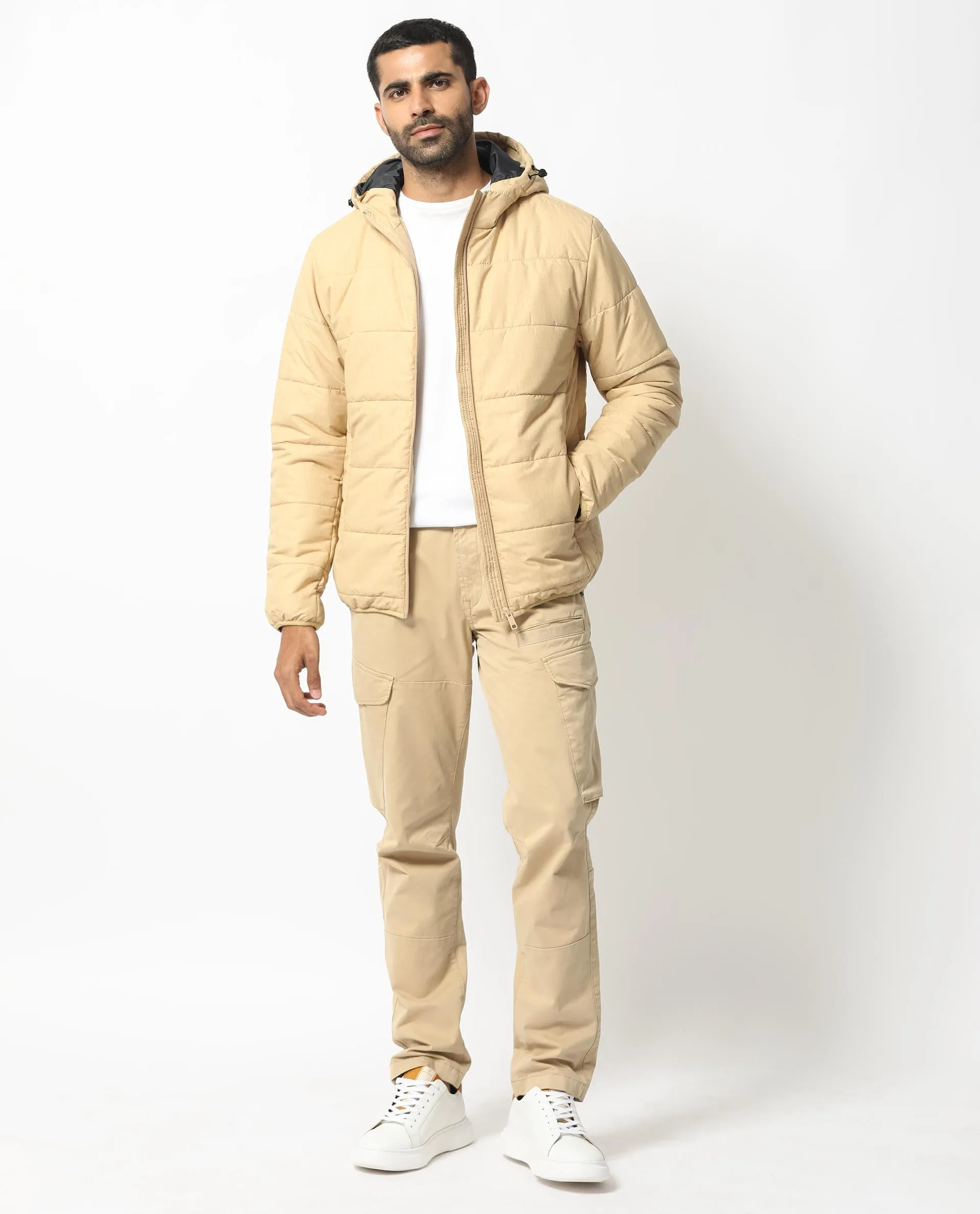 Rare Rabbit Men's Vasto Beige Branded And Hooded Puffer Jacket