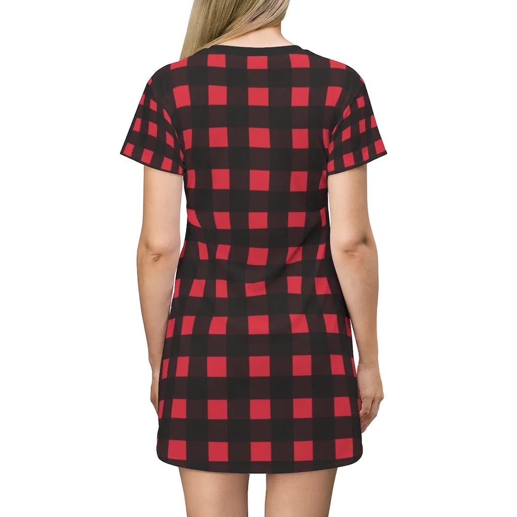 Red Buffalo Plaid T-Shirt Dress, Plaid Print Best Designer Women's Tee Shirt Dress -Made in USA