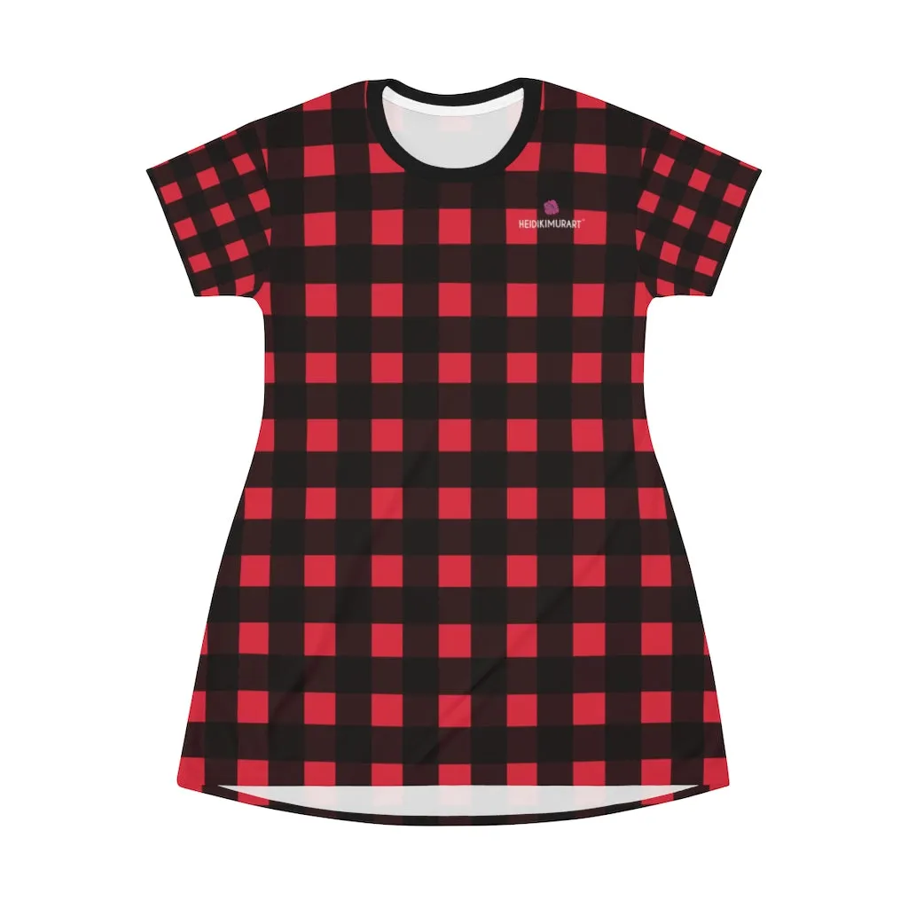 Red Buffalo Plaid T-Shirt Dress, Plaid Print Best Designer Women's Tee Shirt Dress -Made in USA
