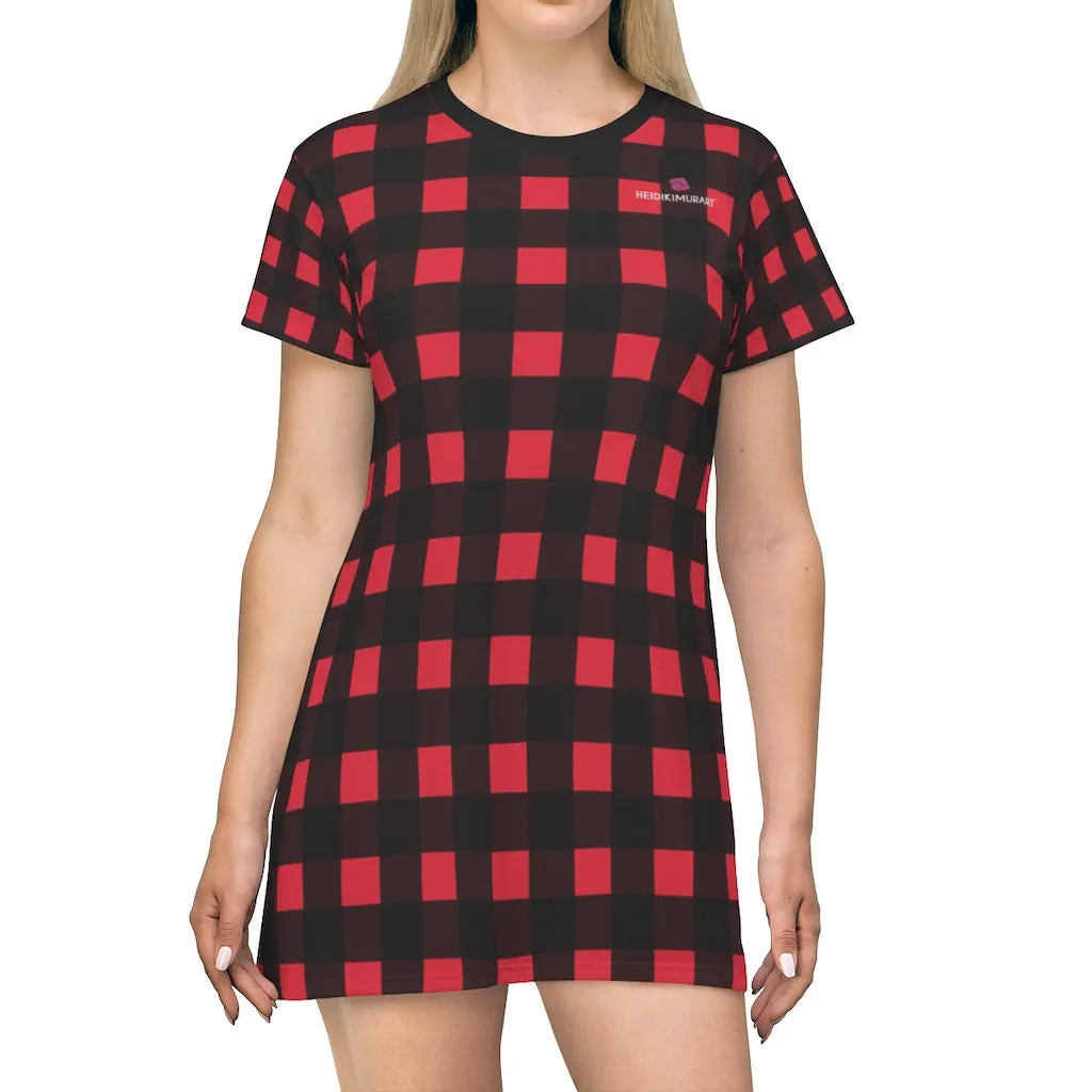 Red Buffalo Plaid T-Shirt Dress, Plaid Print Best Designer Women's Tee Shirt Dress -Made in USA