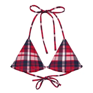 Red, White and Navy Blue Preppy Surfer Girl Plaid String Bikini Top