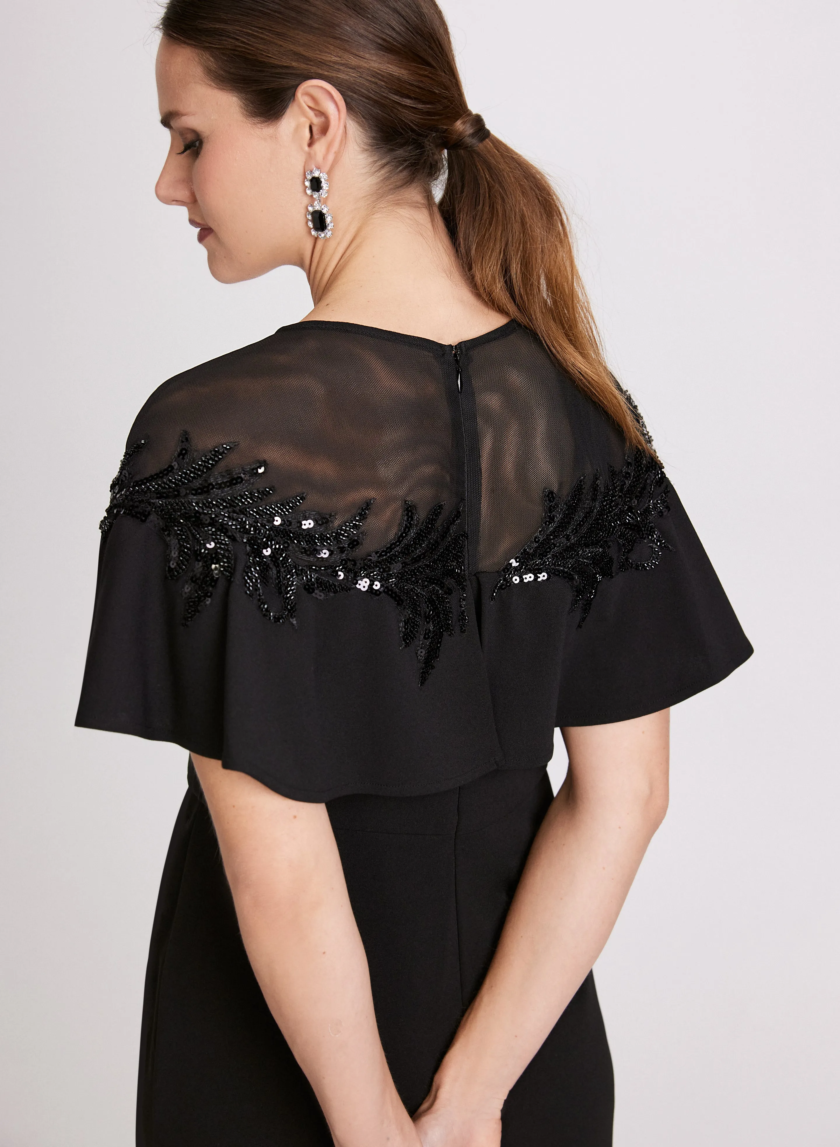 Sequin Embroidered Cape Sleeve Dress