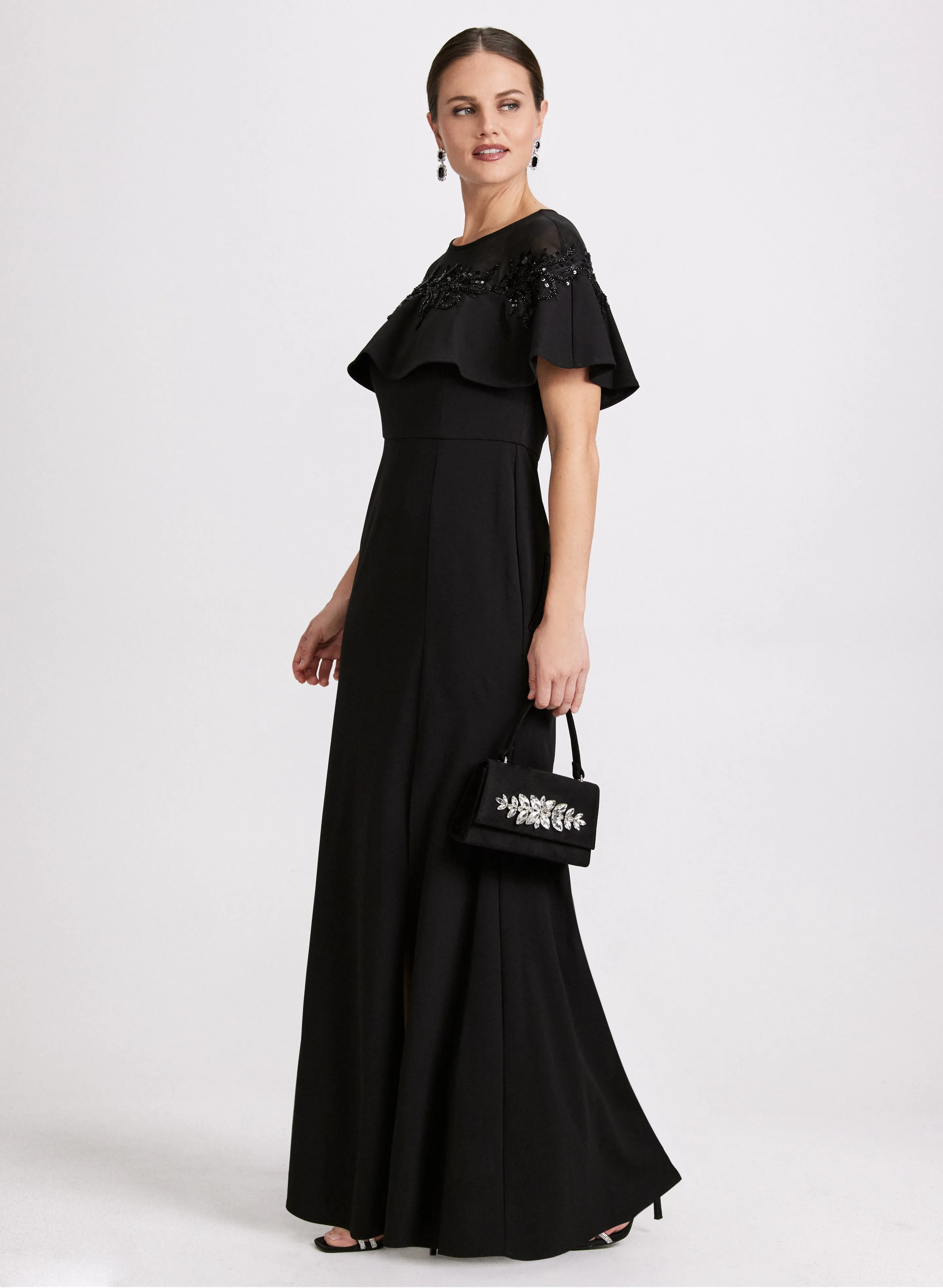 Sequin Embroidered Cape Sleeve Dress