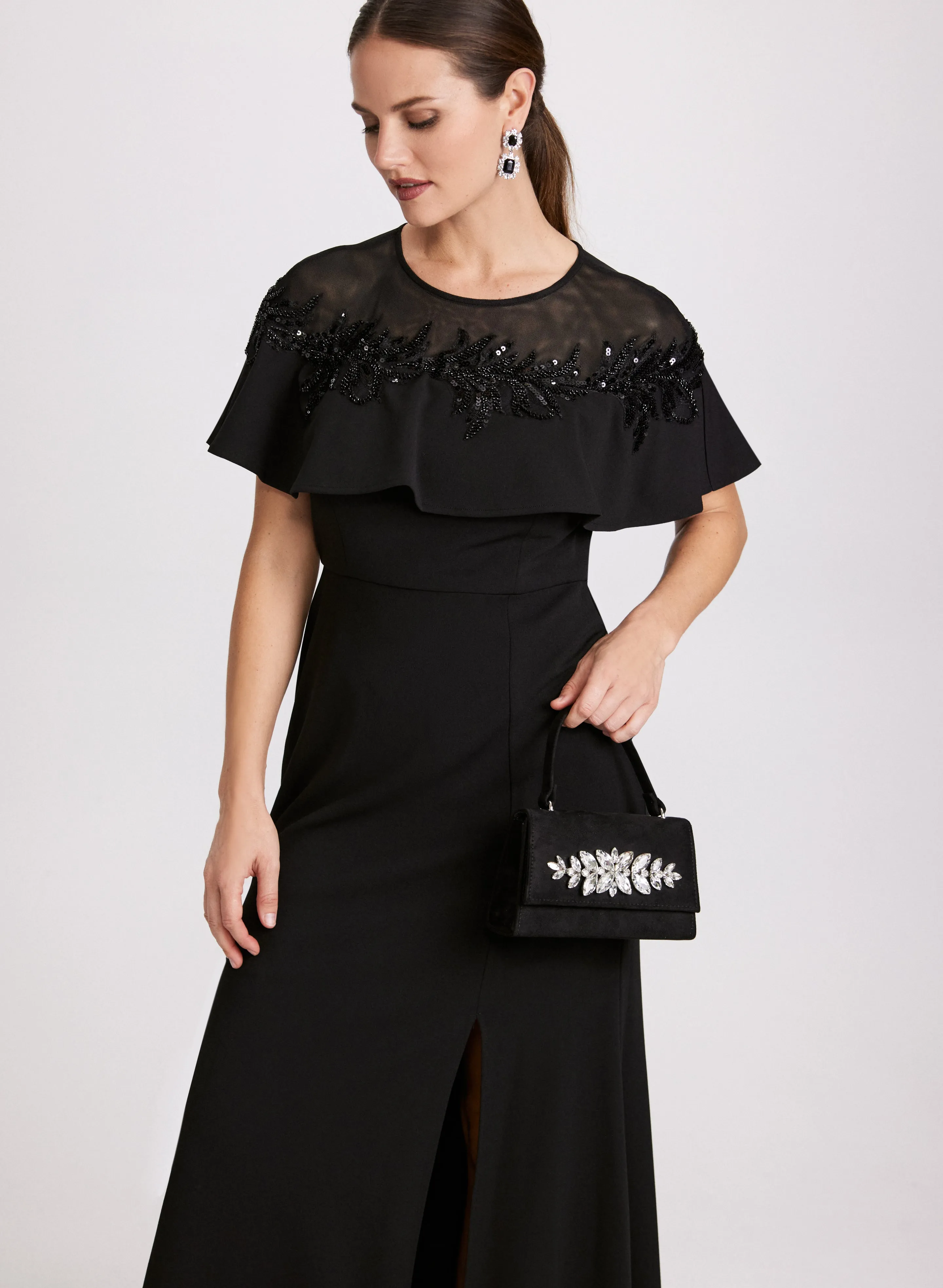 Sequin Embroidered Cape Sleeve Dress