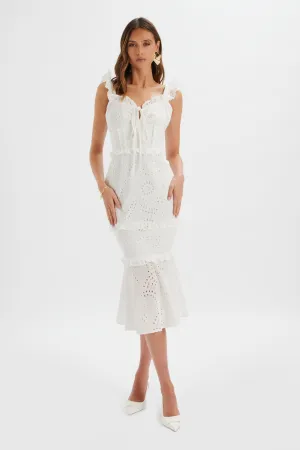 SOFI Broderie Anglais Ruffle Fishtail Midaxi in White