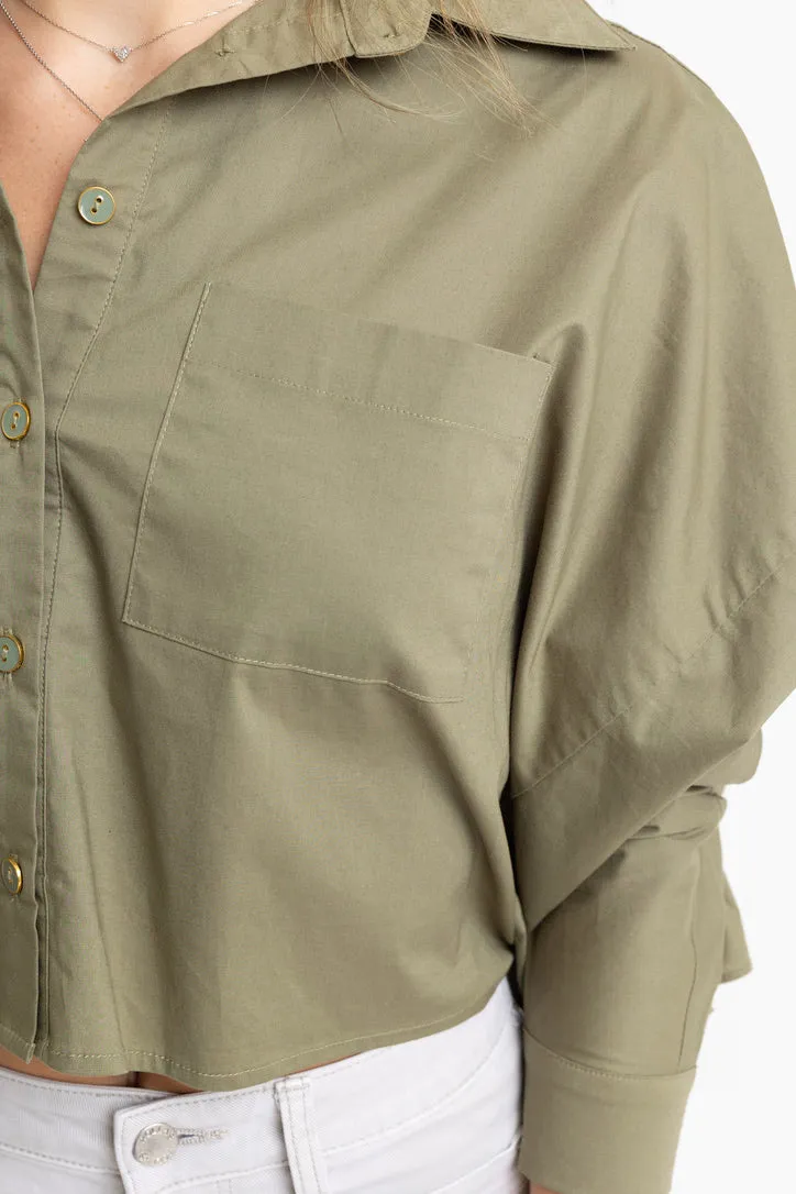 Solid Poplin Ruffle Back Button Up Top