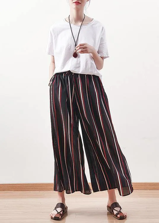 summer striped casual chiffon plus size elastic waist wide leg pants