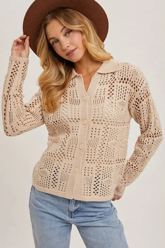 Waitlist 12/24 ♥ Jacie Long Sleeve Button Down Crochet Cardigan Top Natural