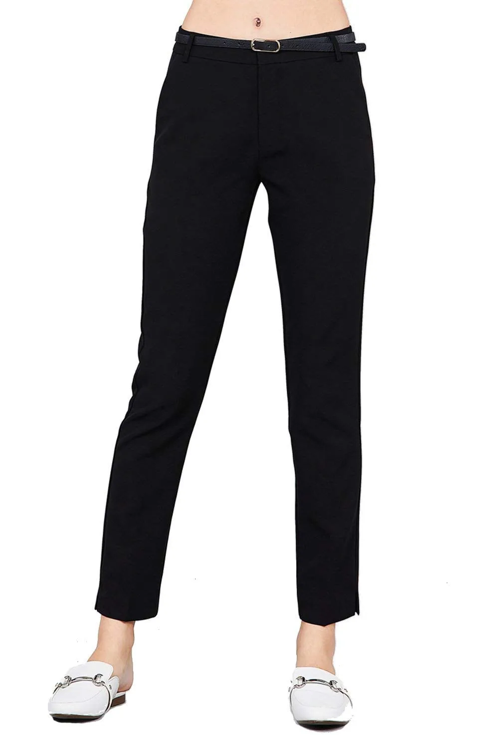 Women Woven Black Pant with Belt Ankle Length Slim Fit Side Pockets - Small