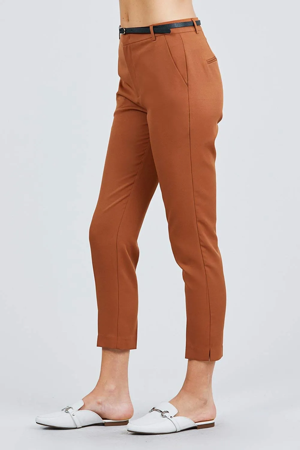 Women Woven Black Pant with Belt Ankle Length Slim Fit Side Pockets - Small