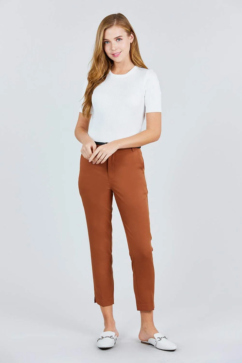 Women Woven Black Pant with Belt Ankle Length Slim Fit Side Pockets - Small