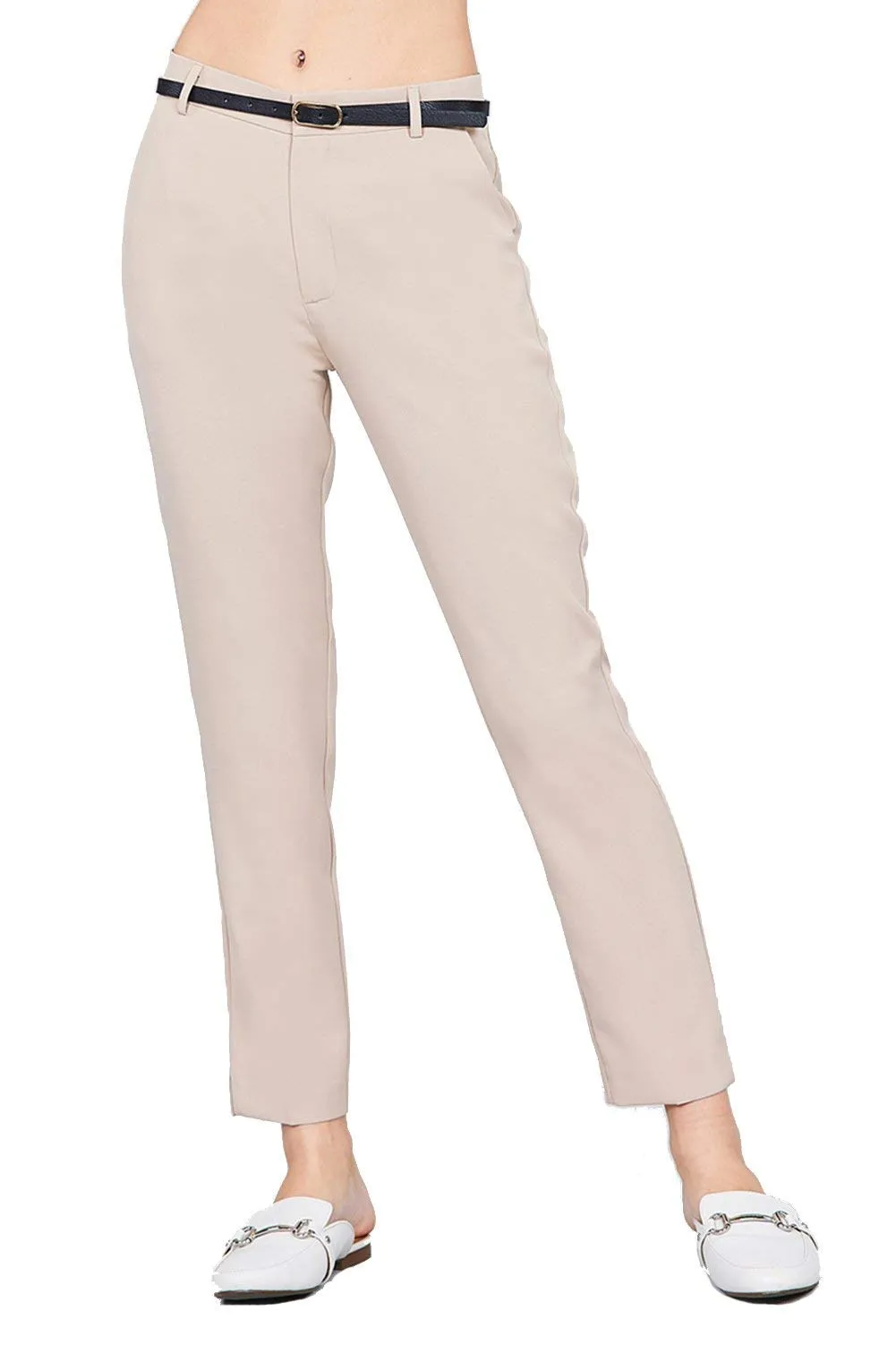 Women Woven Black Pant with Belt Ankle Length Slim Fit Side Pockets - Small
