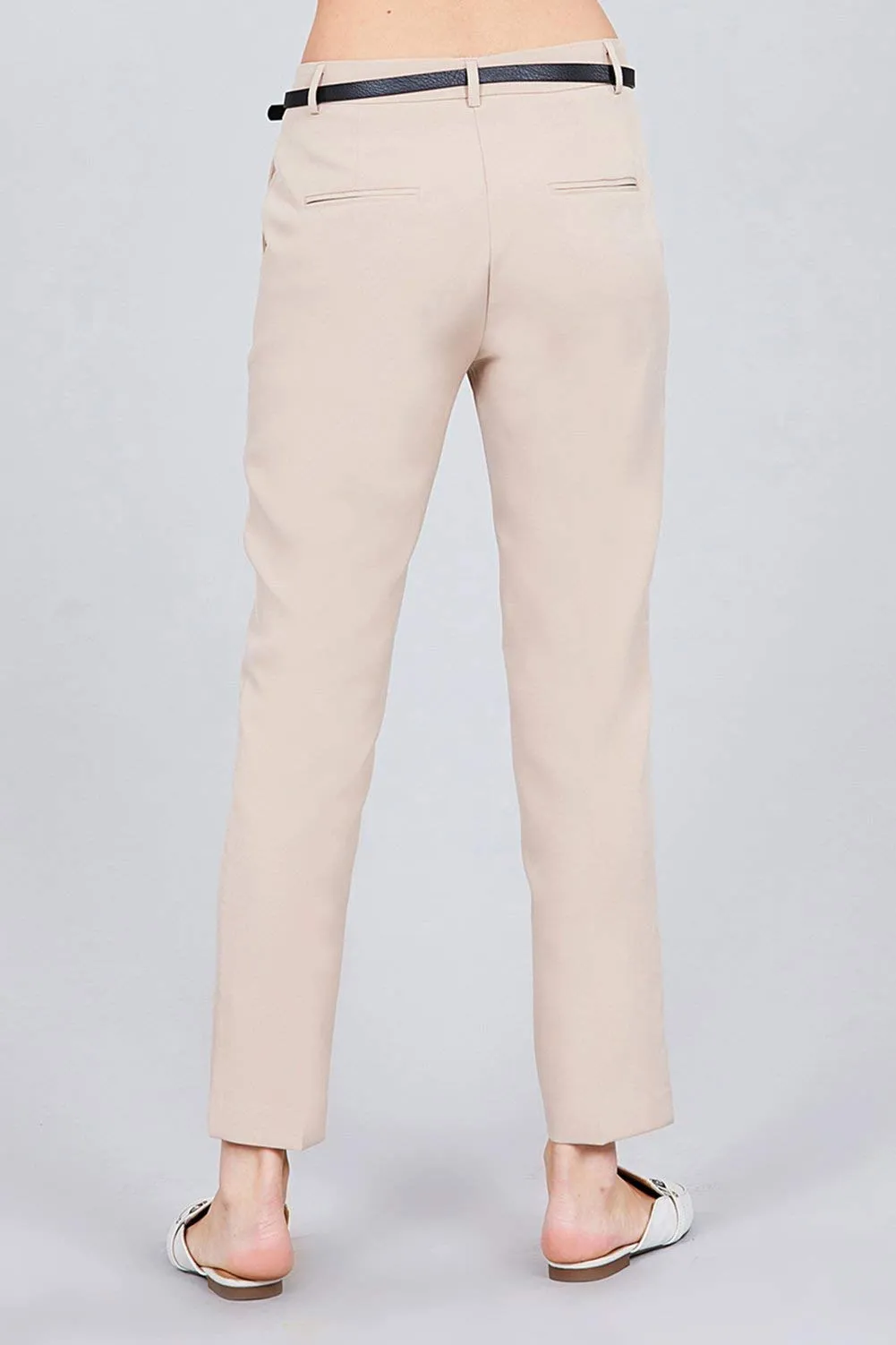 Women Woven Black Pant with Belt Ankle Length Slim Fit Side Pockets - Small