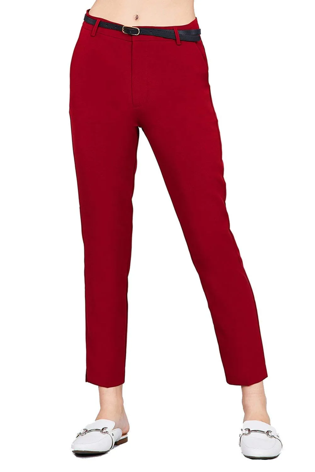 Women Woven Black Pant with Belt Ankle Length Slim Fit Side Pockets - Small