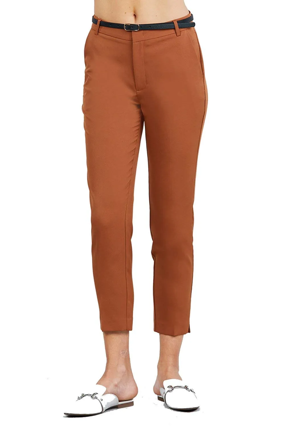 Women Woven Black Pant with Belt Ankle Length Slim Fit Side Pockets - Small
